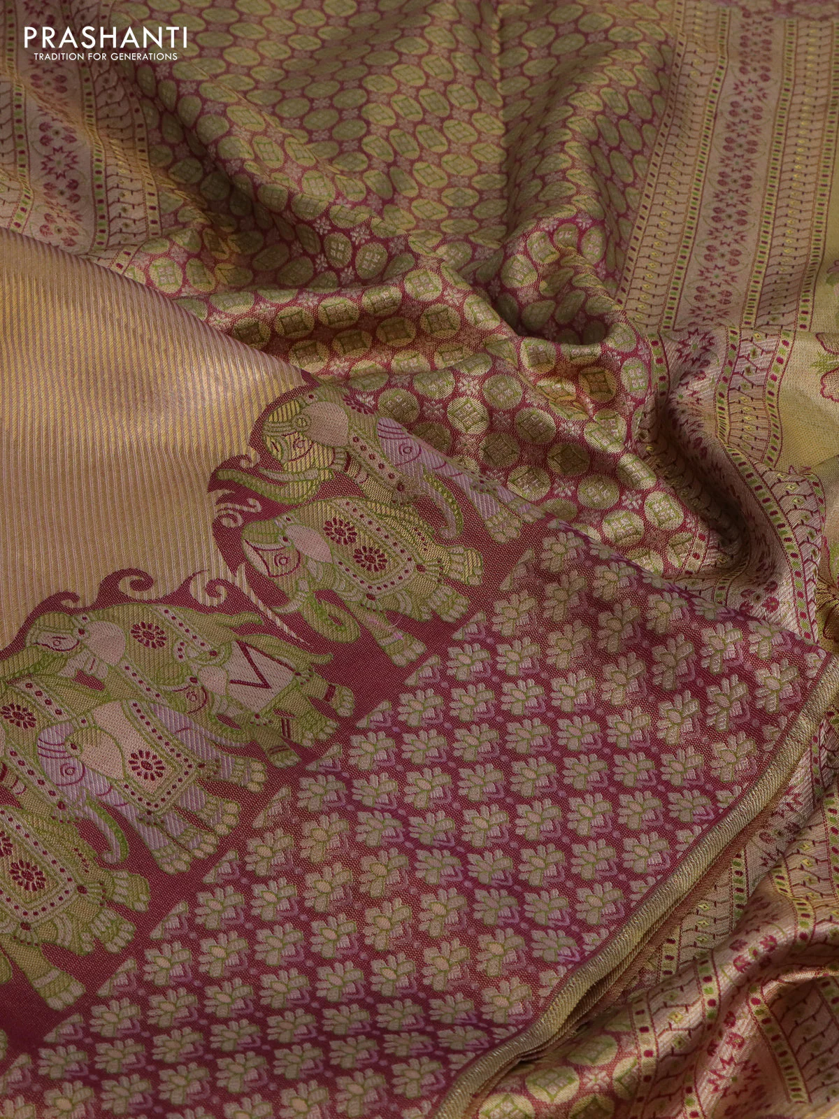 Pure kanchipuram tissue silk saree dual shade of pastel pink and wine shade with allover zari weaves and rich elephant design mina border - Image 8