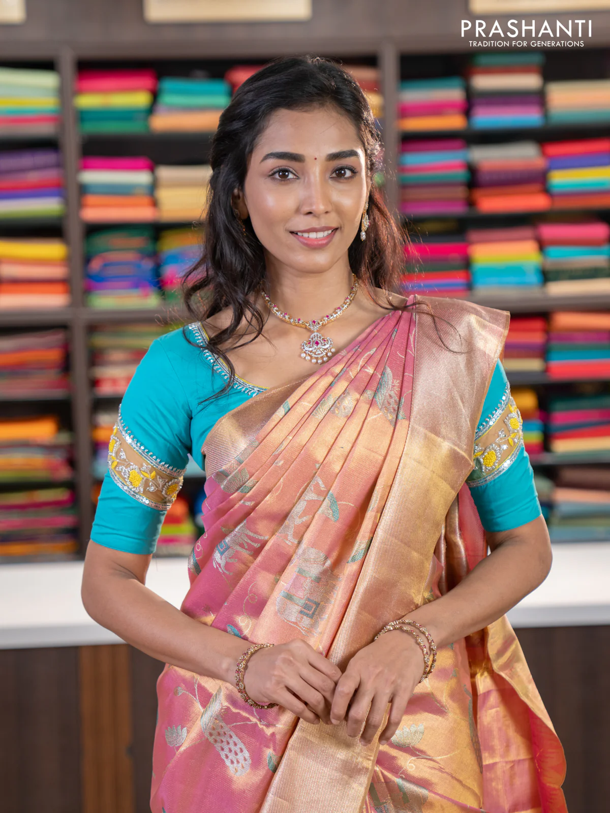 Pure kanchipuram tissue silk saree dual shade of pastel pink with allover rich pichwai design weaving and zari woven border - Image 3