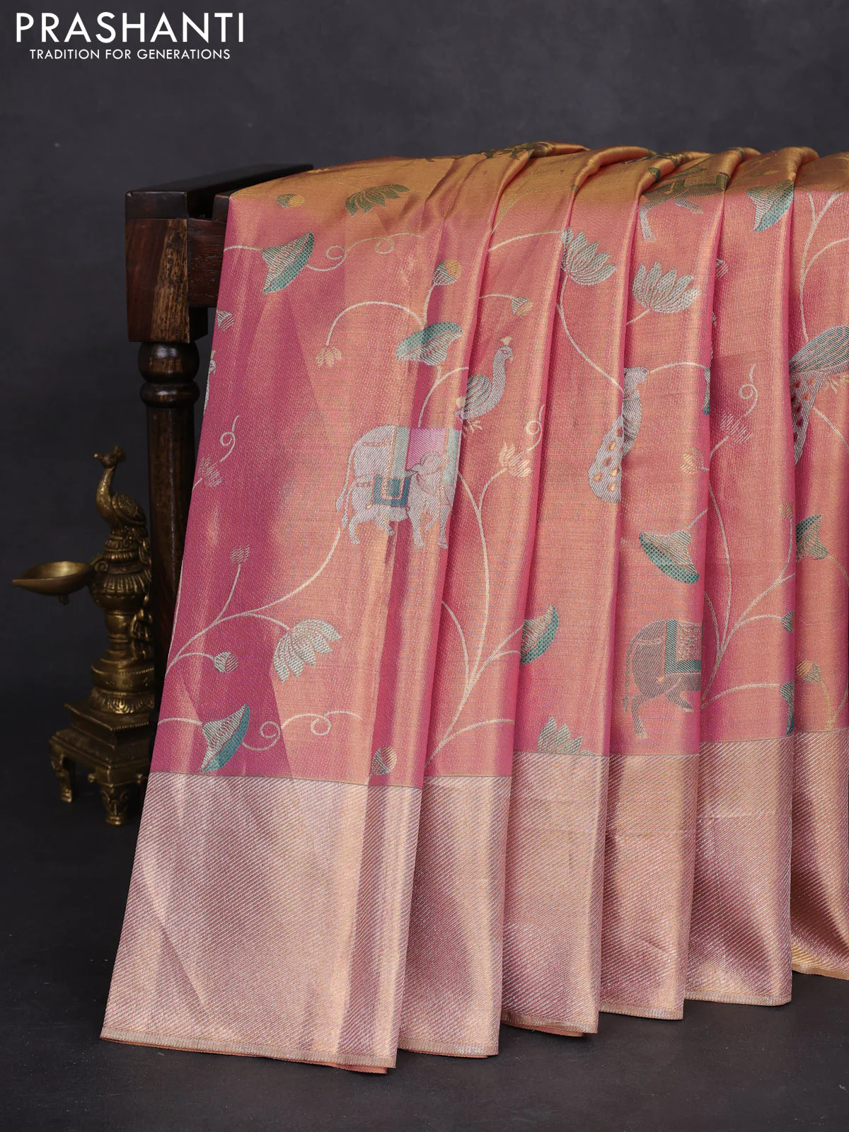 Pure kanchipuram tissue silk saree dual shade of pastel pink with allover rich pichwai design weaving and zari woven border - Image 4