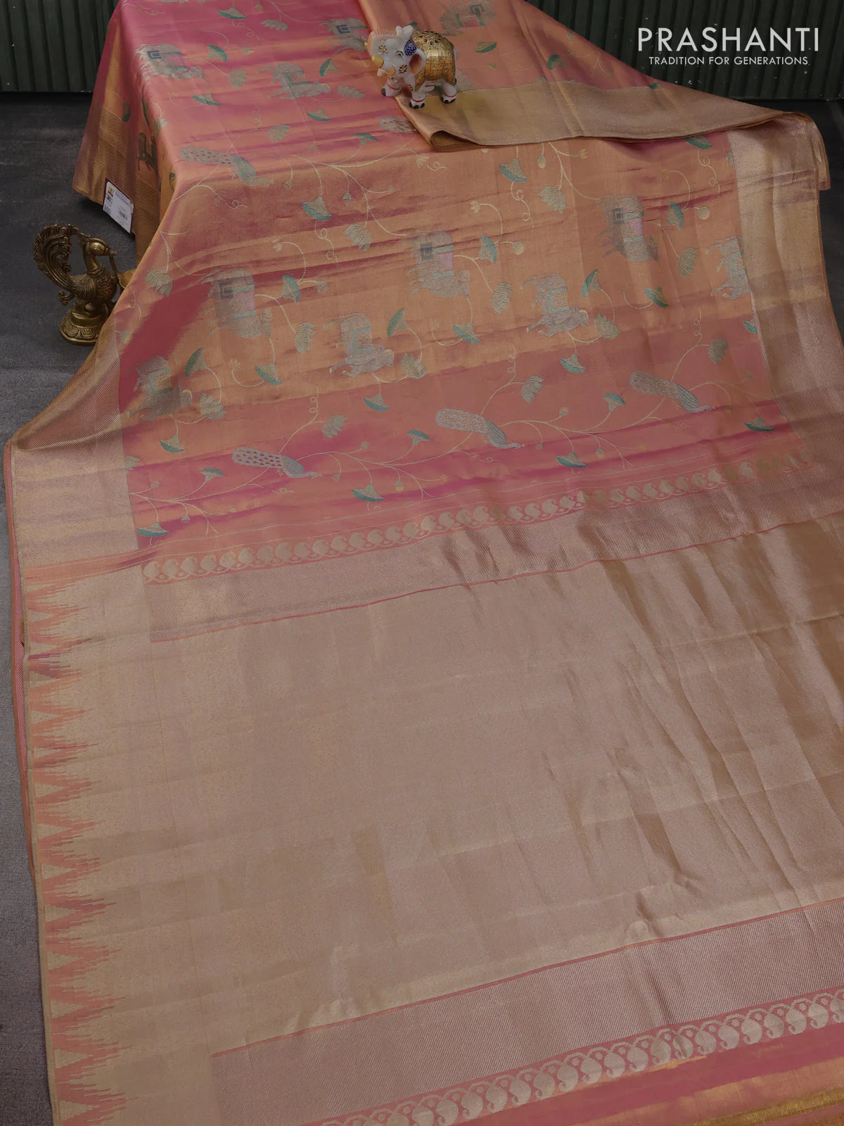 Pure kanchipuram tissue silk saree dual shade of pastel pink with allover rich pichwai design weaving and zari woven border - Image 5