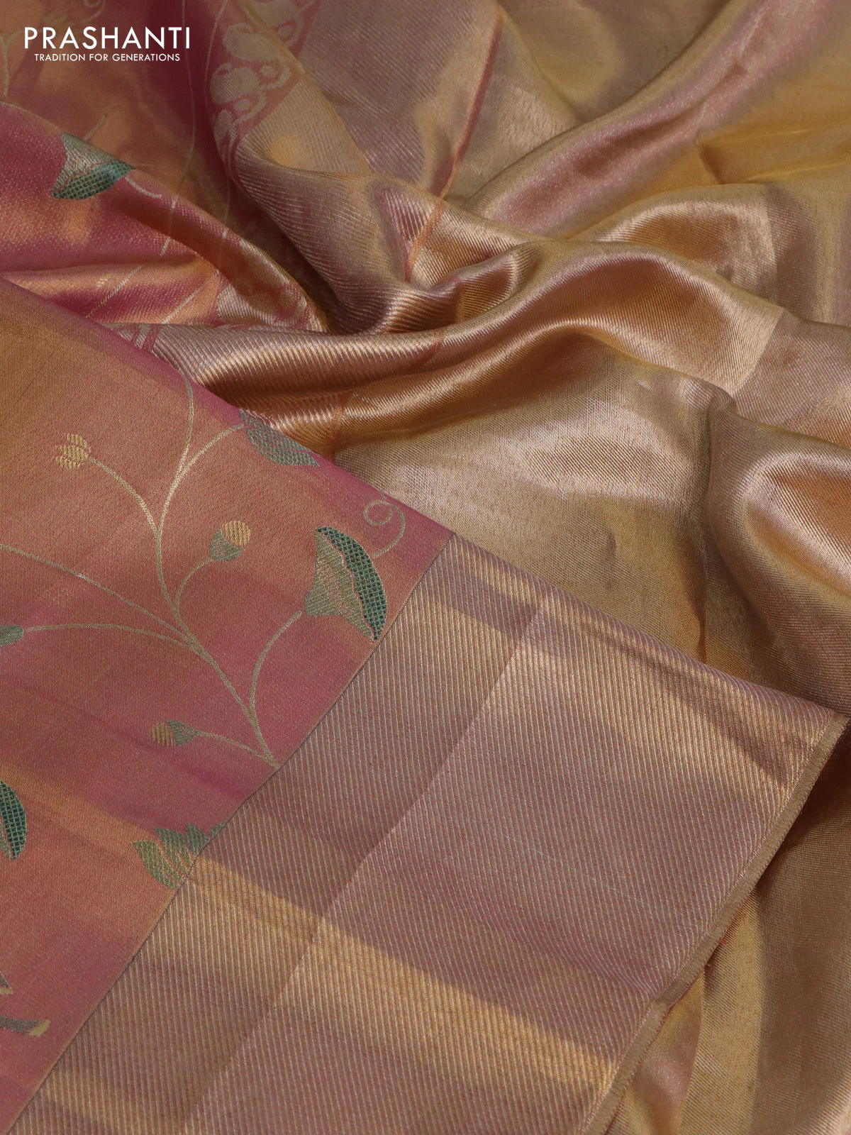 Pure kanchipuram tissue silk saree dual shade of pastel pink with allover rich pichwai design weaving and zari woven border - Image 6