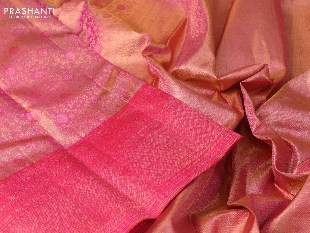 Pure kanchipuram tissue silk saree dual shade of pink with allover zari woven brocade weaves and zari woven border - Image 3