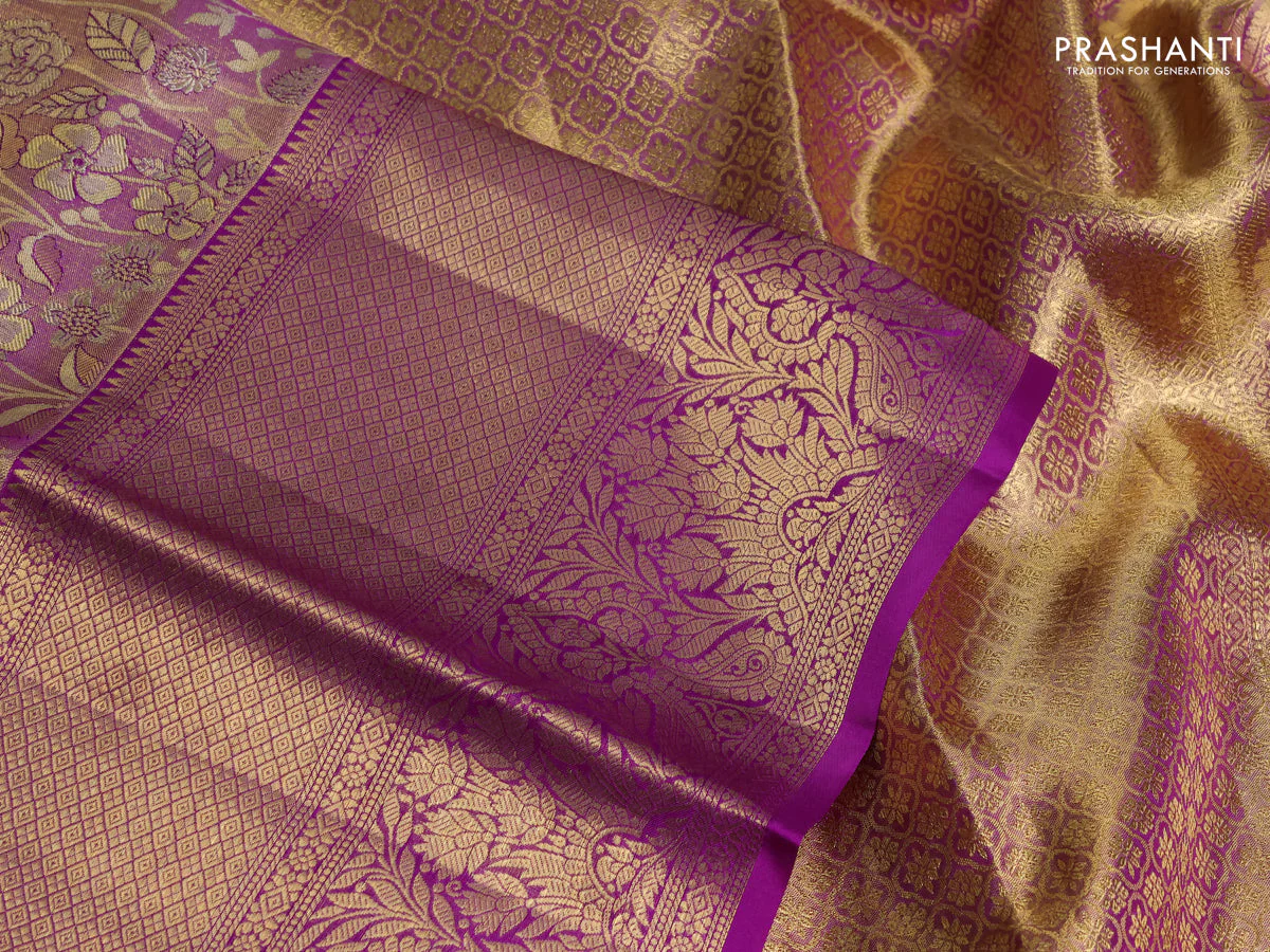 Pure kanchipuram tissue silk saree dual shade of purple and purple with allover floral zari woven brocade weaves and long zari woven border - Image 3