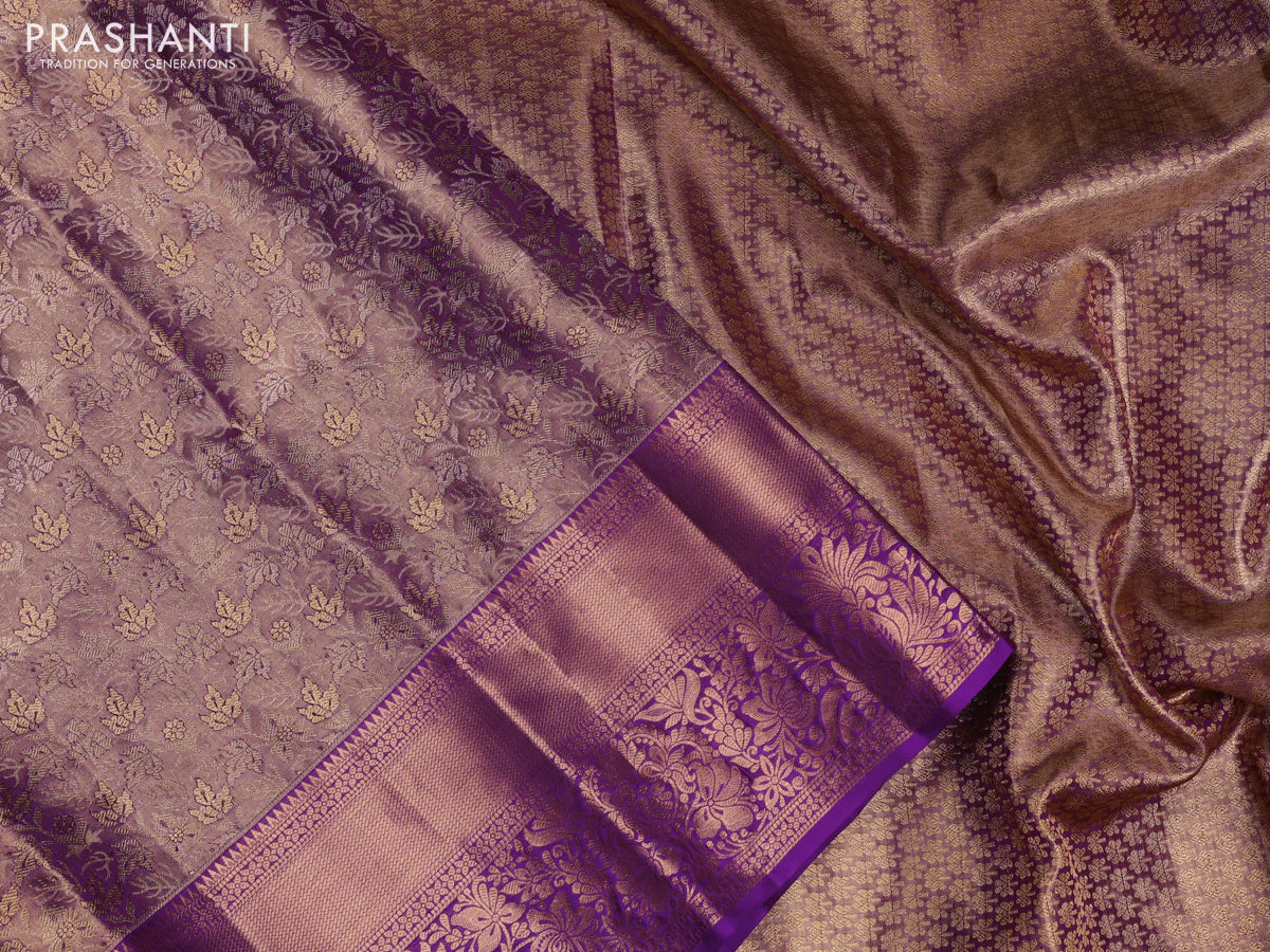 Pure kanchipuram tissue silk saree dual shade of purple with allover zari woven brocade weaves and zari woven border - Image 3