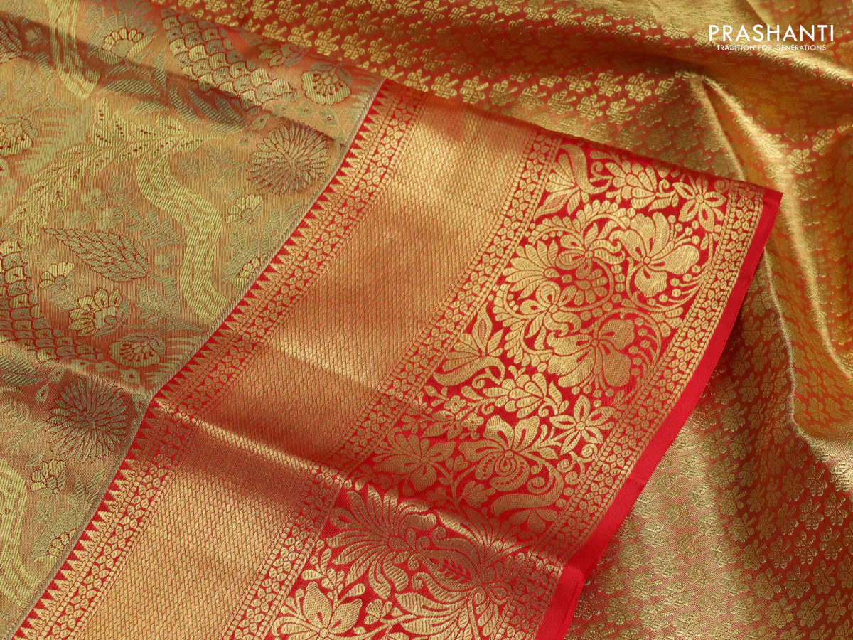 Pure kanchipuram tissue silk saree dual shade of red and red with allover floral zari woven brocade weaves and zari woven border - Image 3