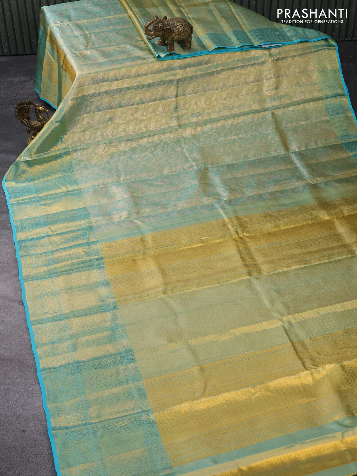 Pure kanchipuram tissue silk saree dual shade of teal blue with allover silver zari woven brocade weaves and long zari woven border - Image 10