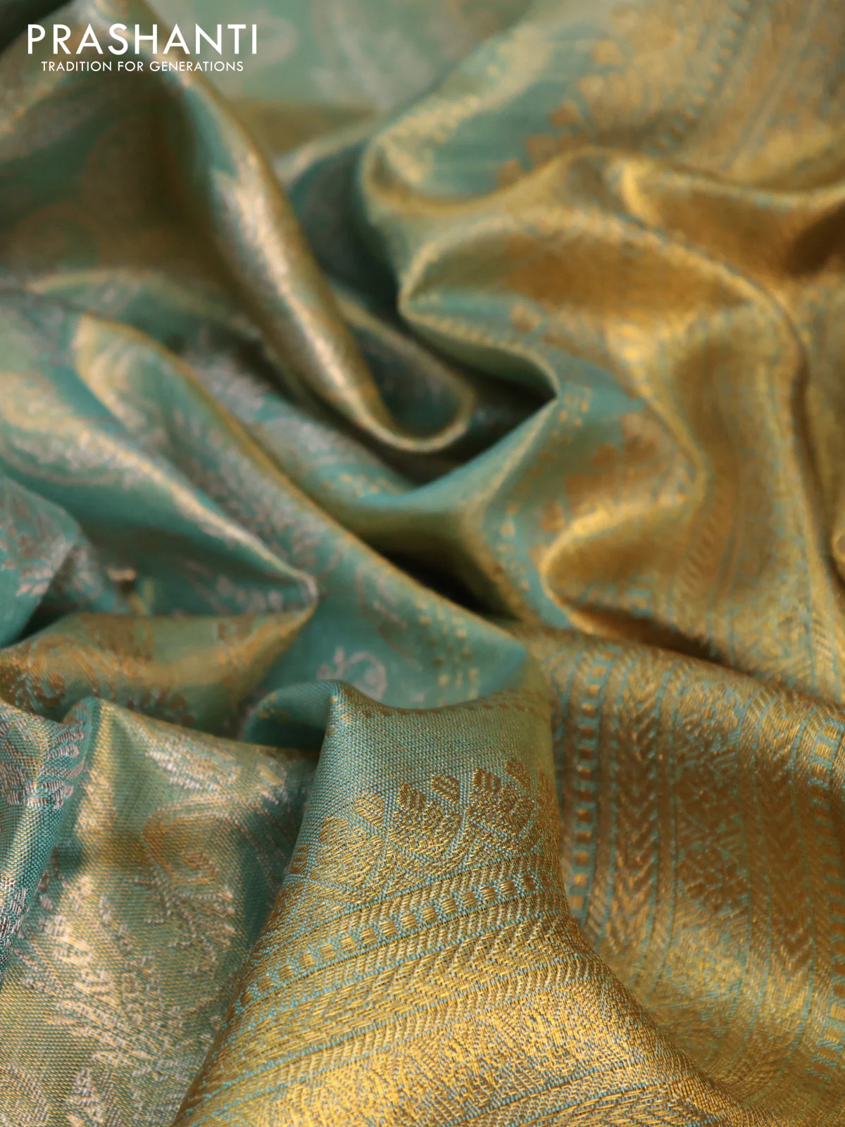 Pure kanchipuram tissue silk saree dual shade of teal blue with allover silver zari woven brocade weaves and long zari woven border - Image 11