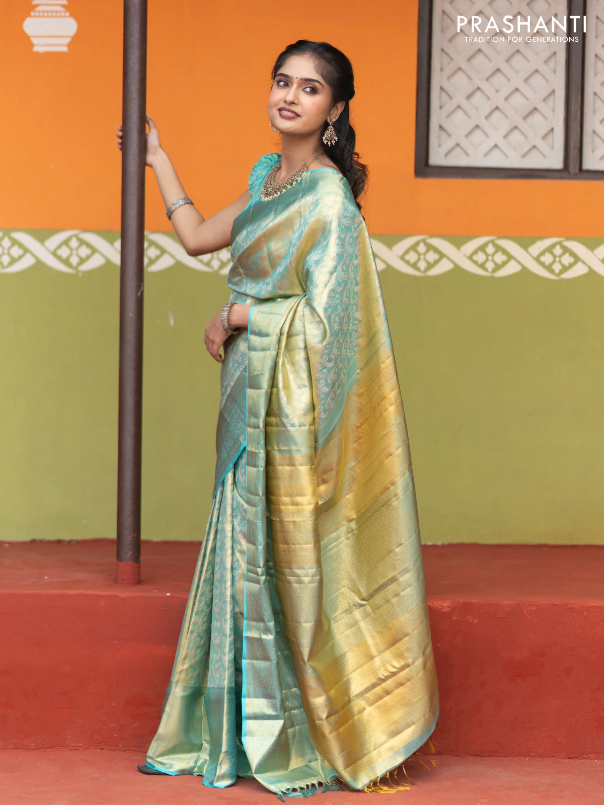 Pure kanchipuram tissue silk saree dual shade of teal blue with allover silver zari woven brocade weaves and long zari woven border - Image 2