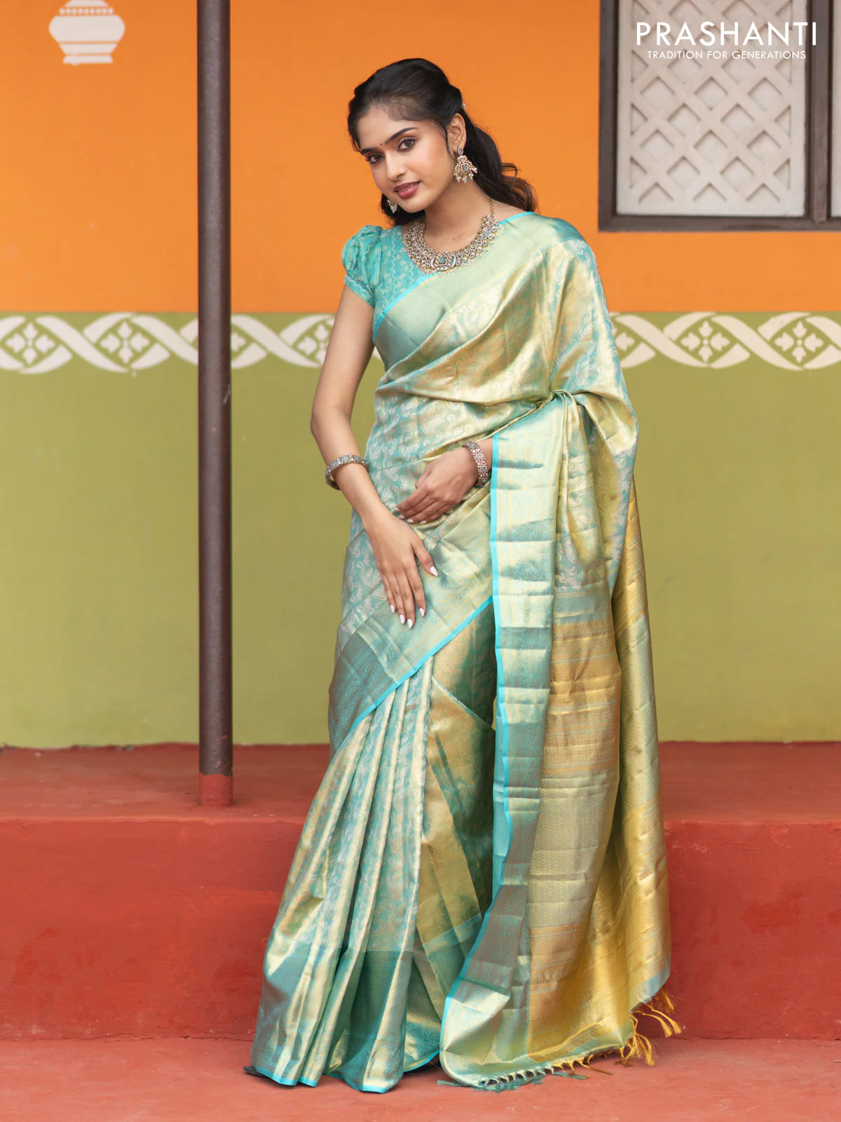 Pure kanchipuram tissue silk saree dual shade of teal blue with allover silver zari woven brocade weaves and long zari woven border - Image 3