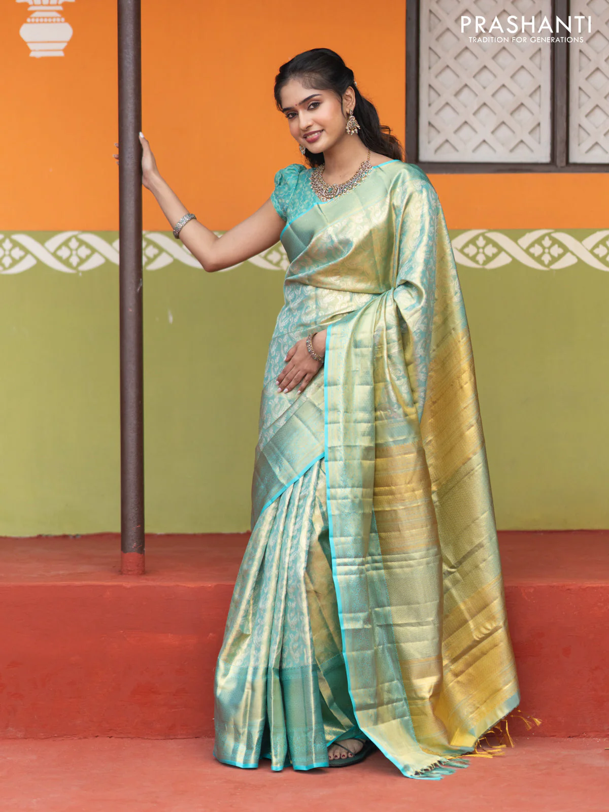 Pure kanchipuram tissue silk saree dual shade of teal blue with allover silver zari woven brocade weaves and long zari woven border - Image 4