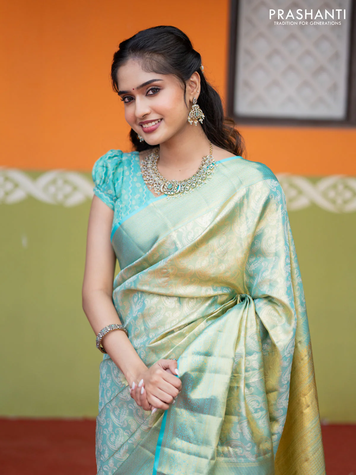 Pure kanchipuram tissue silk saree dual shade of teal blue with allover silver zari woven brocade weaves and long zari woven border - Image 5