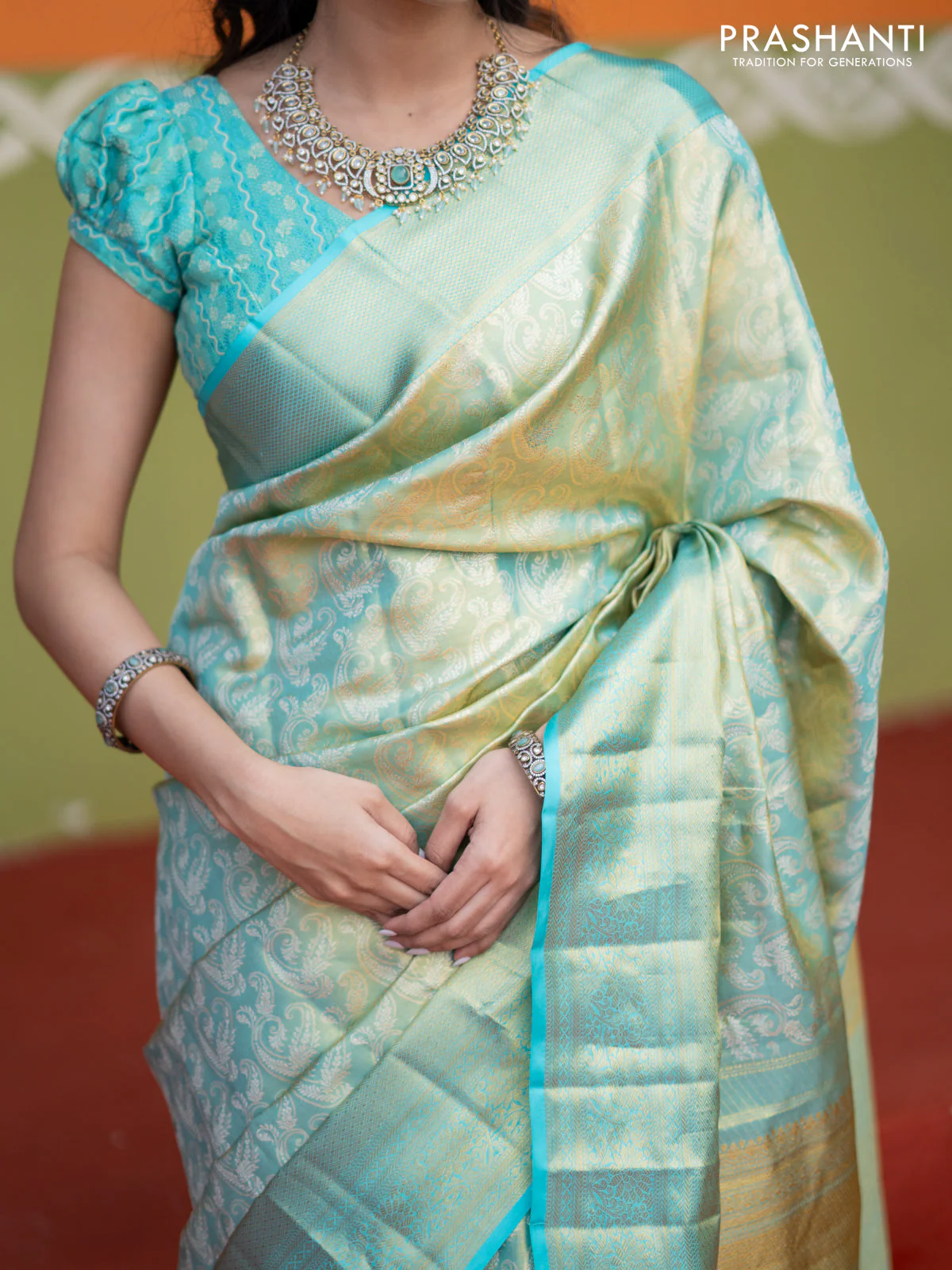 Pure kanchipuram tissue silk saree dual shade of teal blue with allover silver zari woven brocade weaves and long zari woven border - Image 6