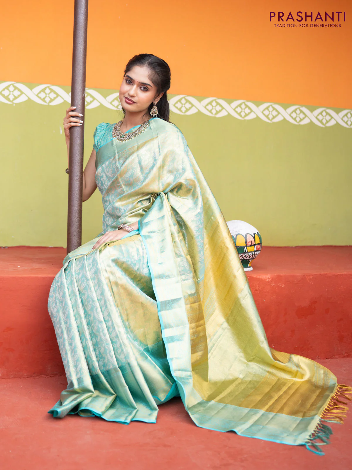 Pure kanchipuram tissue silk saree dual shade of teal blue with allover silver zari woven brocade weaves and long zari woven border - Image 7