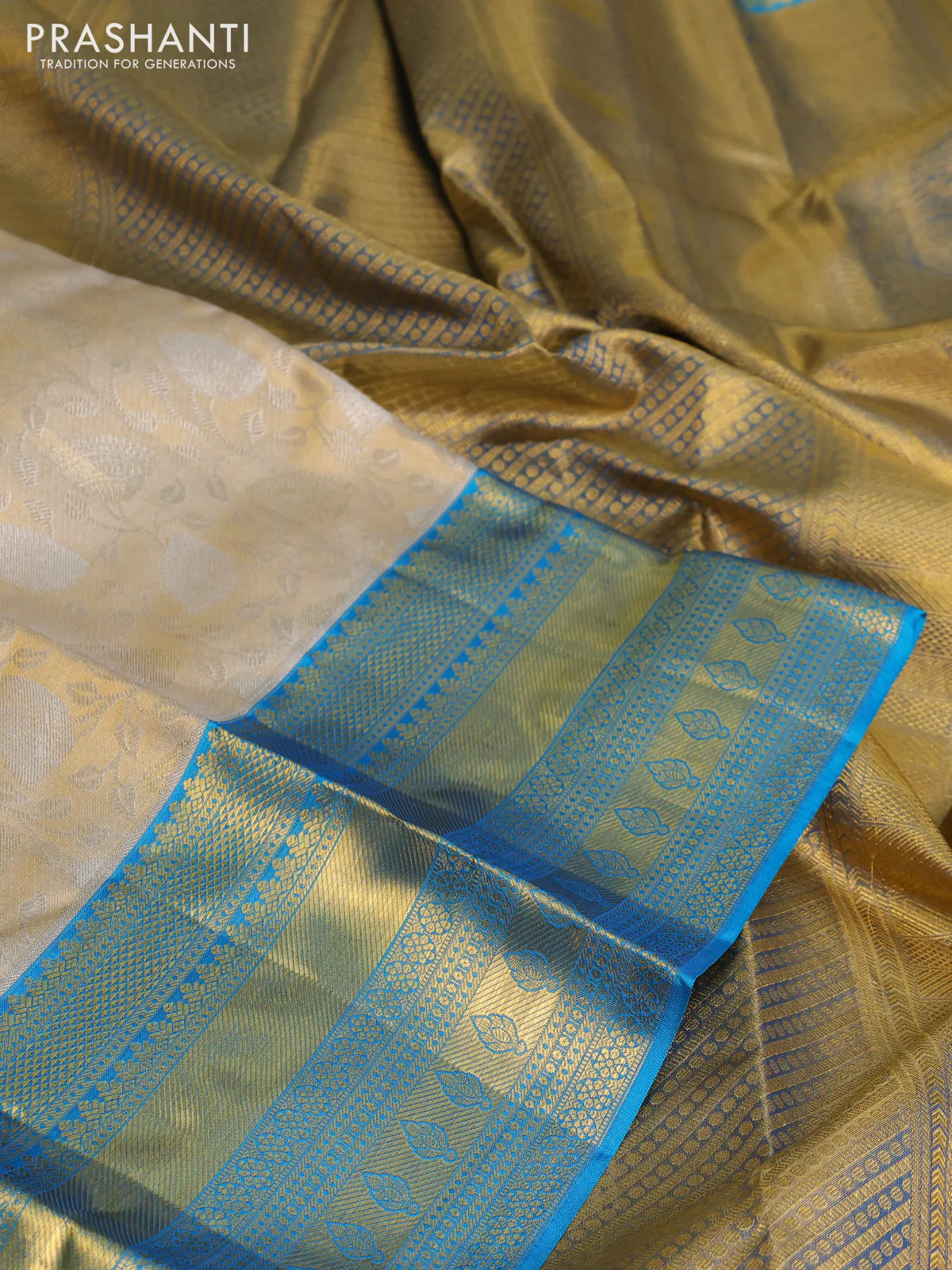 Pure kanchipuram tissue silk saree gold and cs blue with allover silver zari woven brocade weaves and zari woven border - Image 3