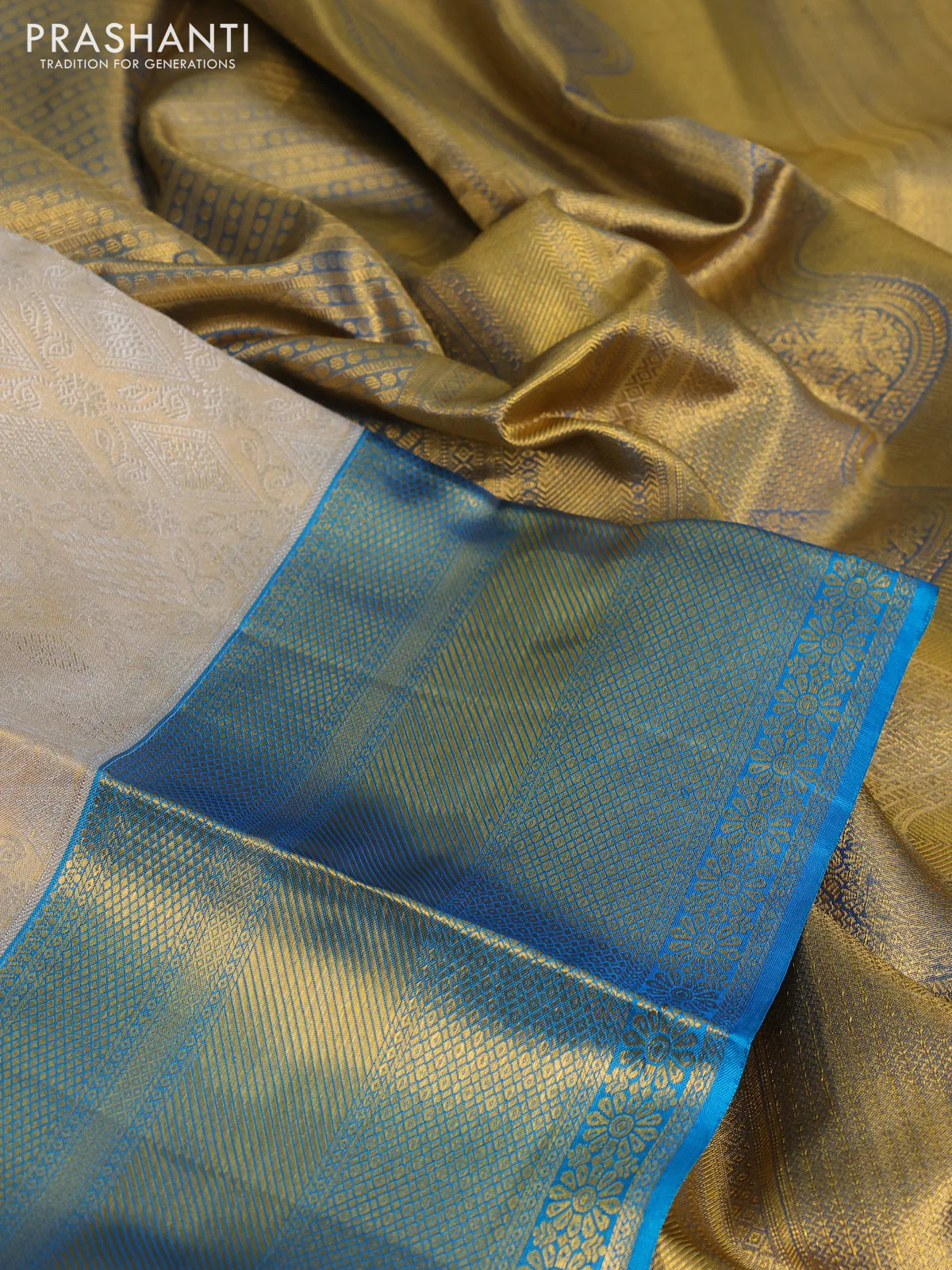 Pure kanchipuram tissue silk saree gold and cs blue with allover silver zari woven brocade weaves and zari woven border - Image 3