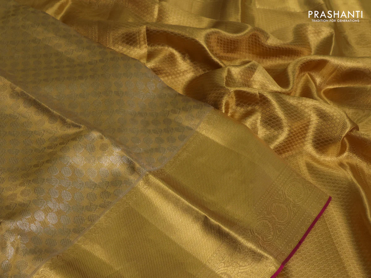 Pure kanchipuram tissue silk saree gold and dark pink with allover zari woven brocade weaves and long zari woven border - Image 3