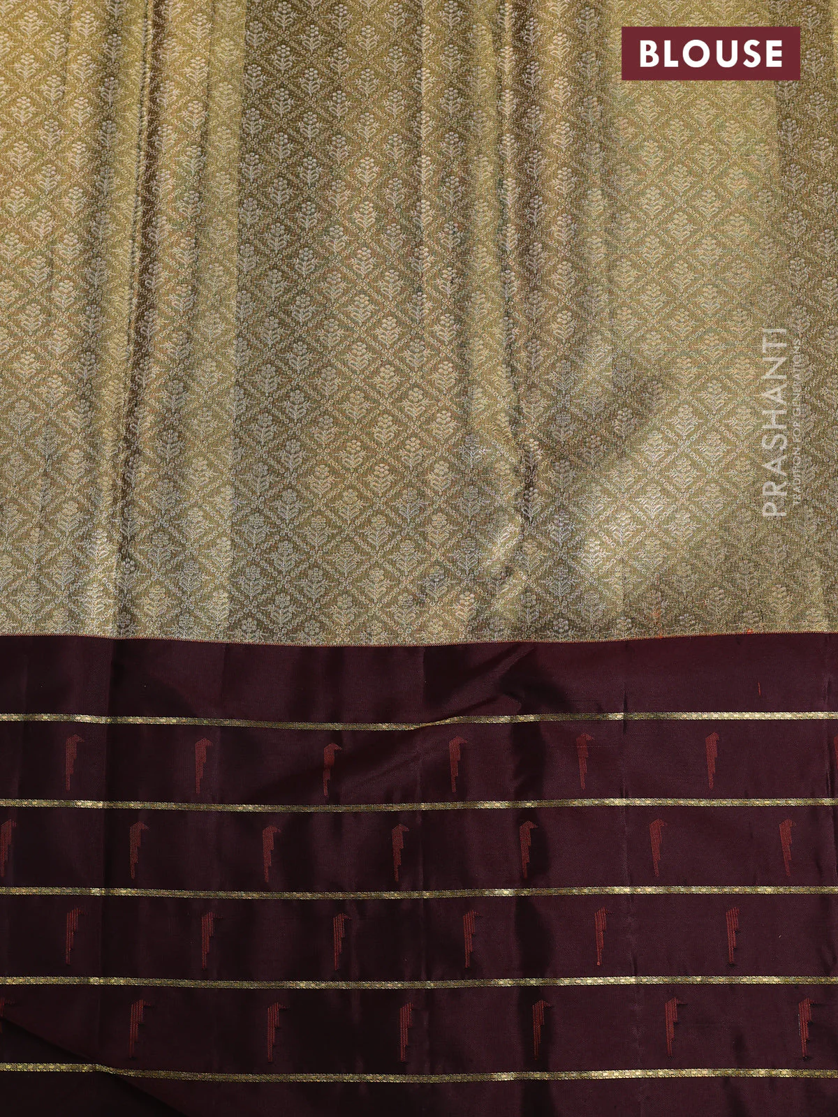 Pure kanchipuram tissue silk saree gold and deep maroon with allover zari woven brocade weaves and muniya butta zari woven border - Image 10
