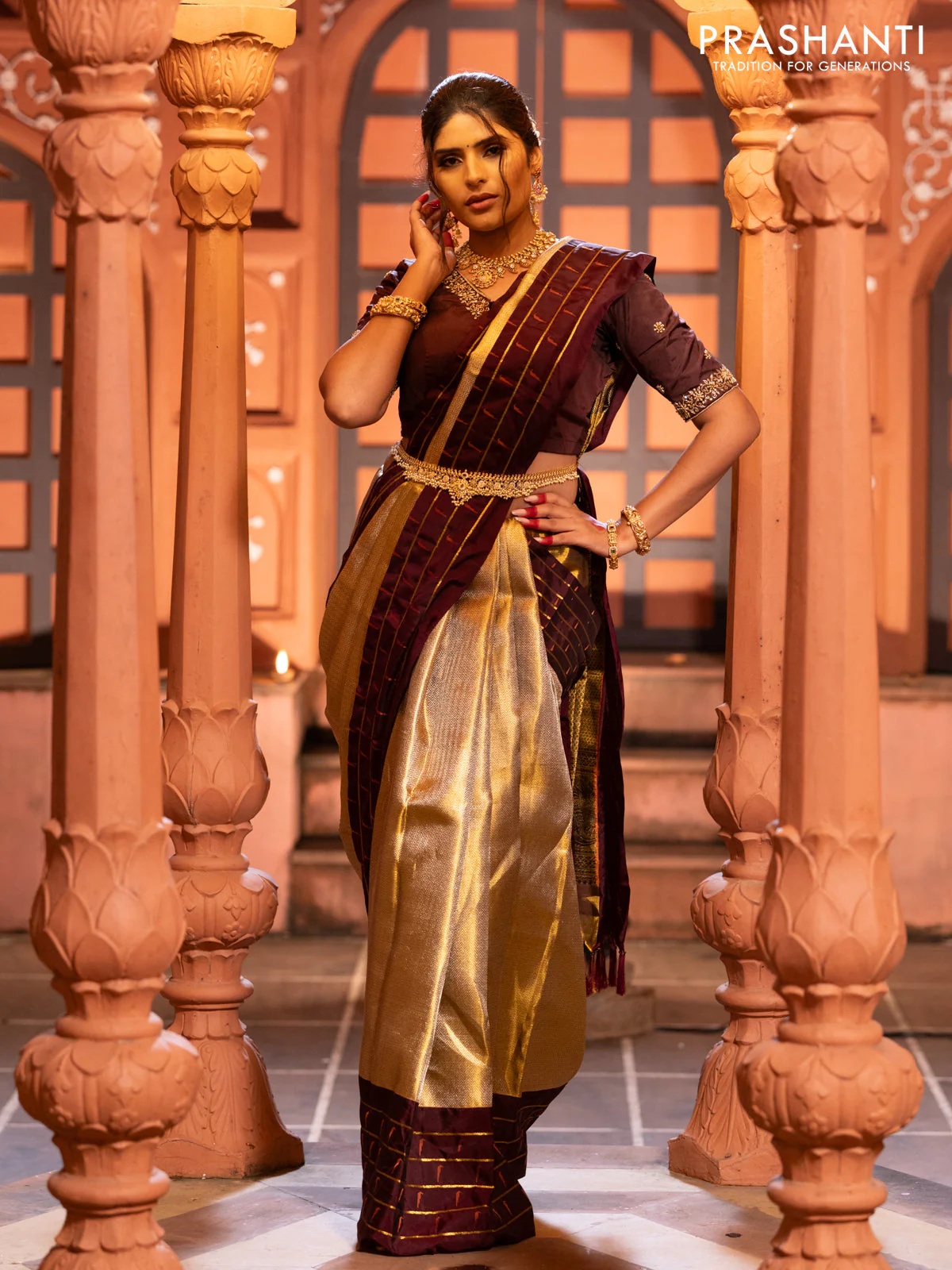 Pure kanchipuram tissue silk saree gold and deep maroon with allover zari woven brocade weaves and muniya butta zari woven border - Image 2