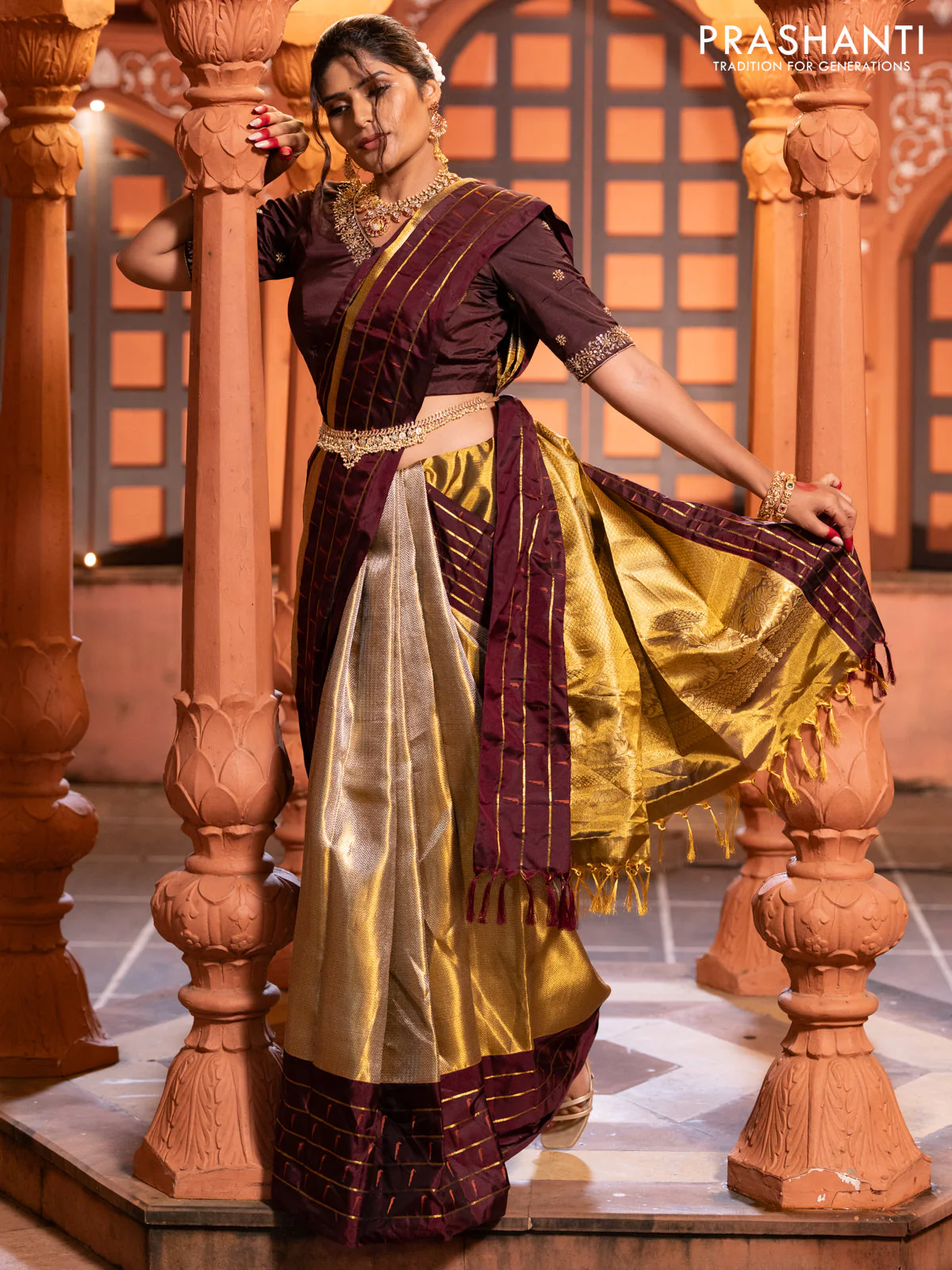 Pure kanchipuram tissue silk saree gold and deep maroon with allover zari woven brocade weaves and muniya butta zari woven border - Image 3
