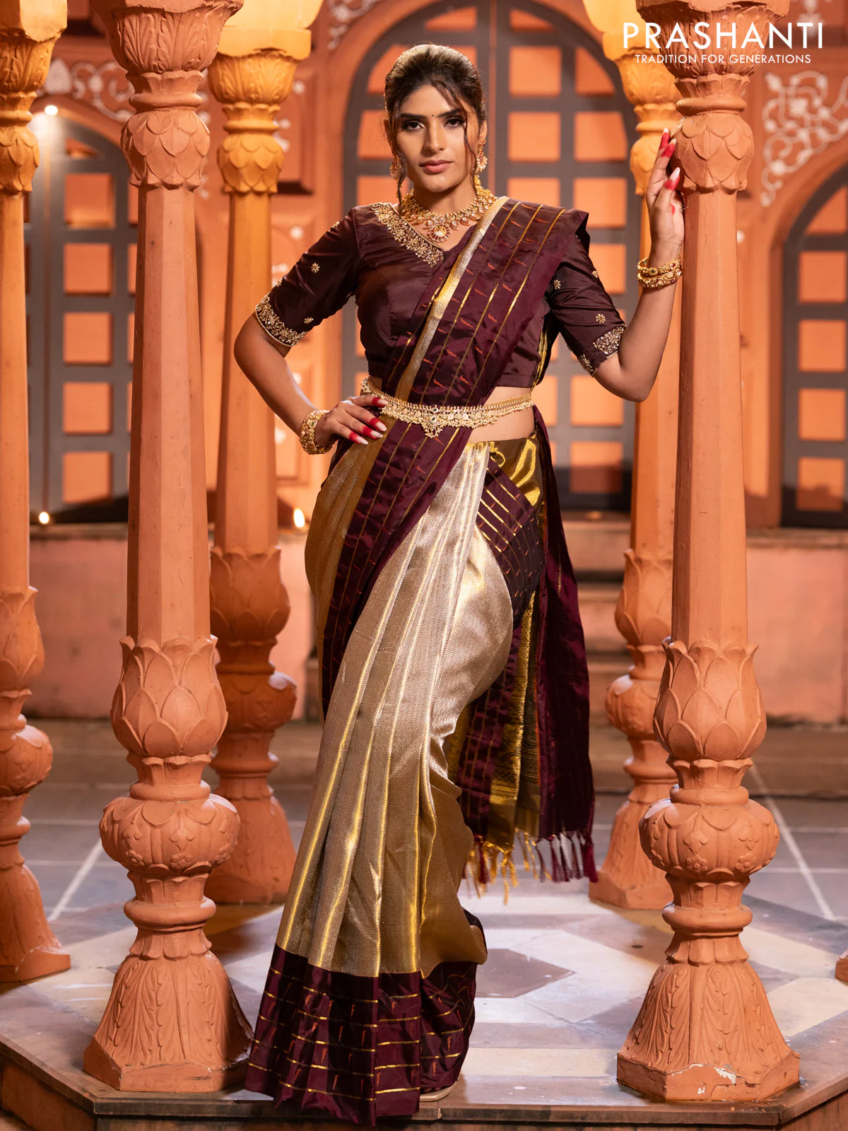 Pure kanchipuram tissue silk saree gold and deep maroon with allover zari woven brocade weaves and muniya butta zari woven border - Image 4