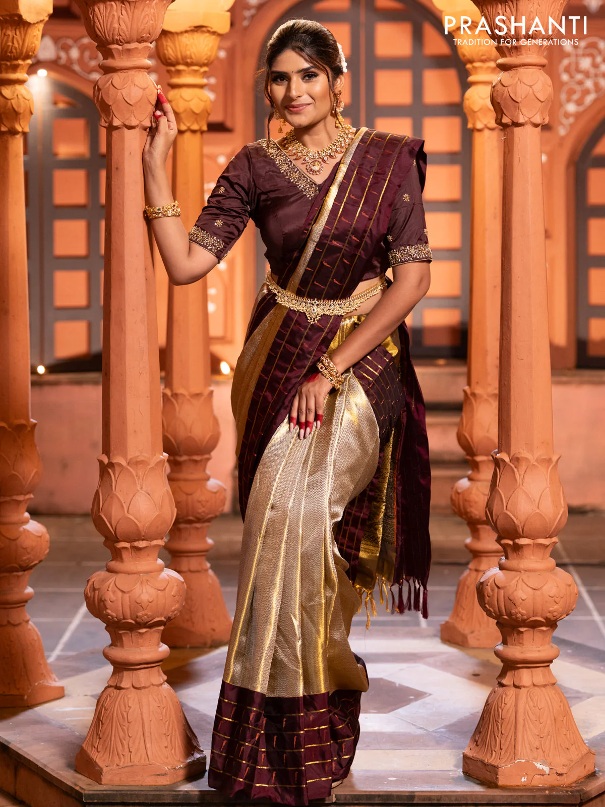 Pure kanchipuram tissue silk saree gold and deep maroon with allover zari woven brocade weaves and muniya butta zari woven border - Image 5