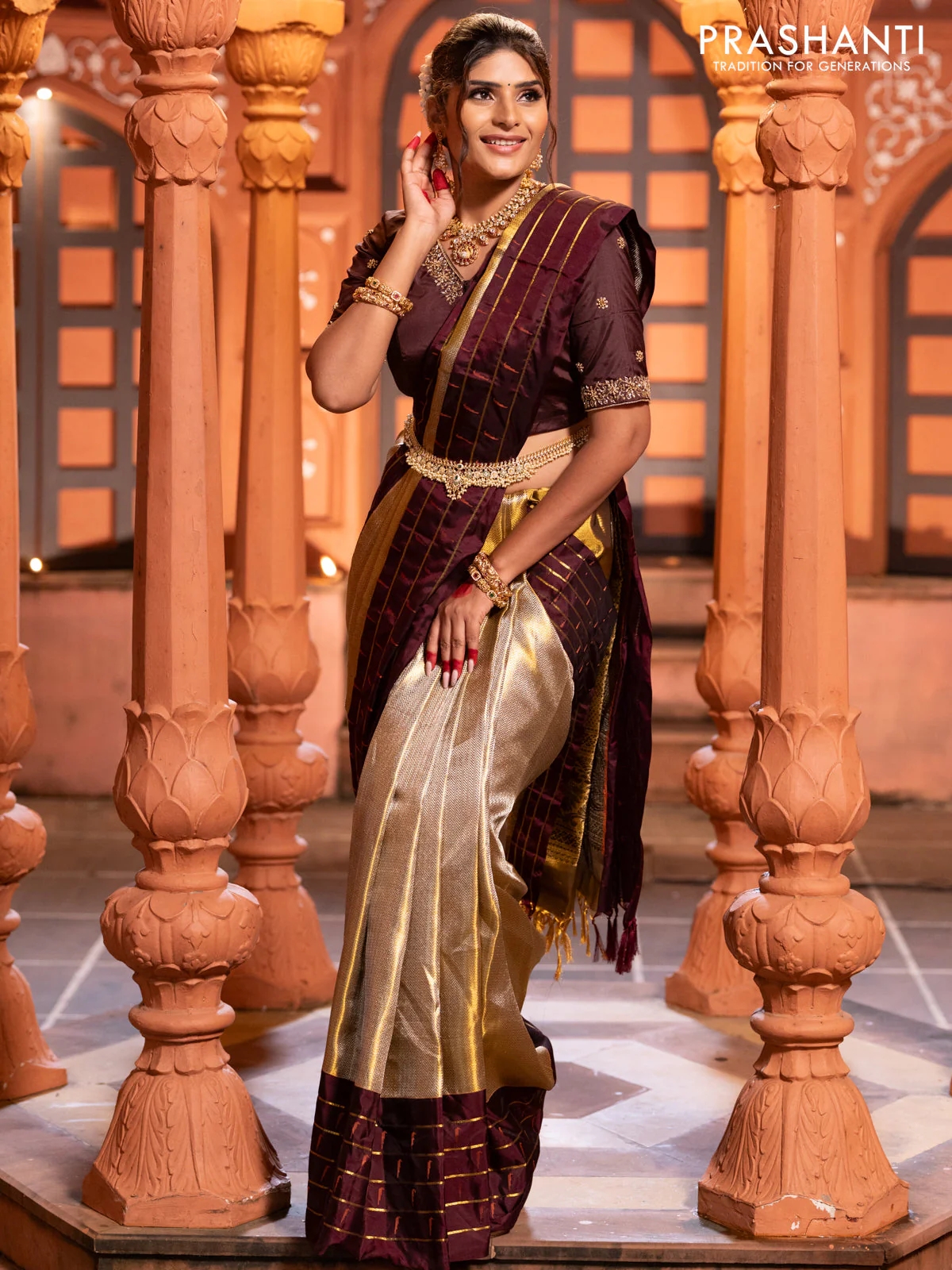 Pure kanchipuram tissue silk saree gold and deep maroon with allover zari woven brocade weaves and muniya butta zari woven border - Image 6