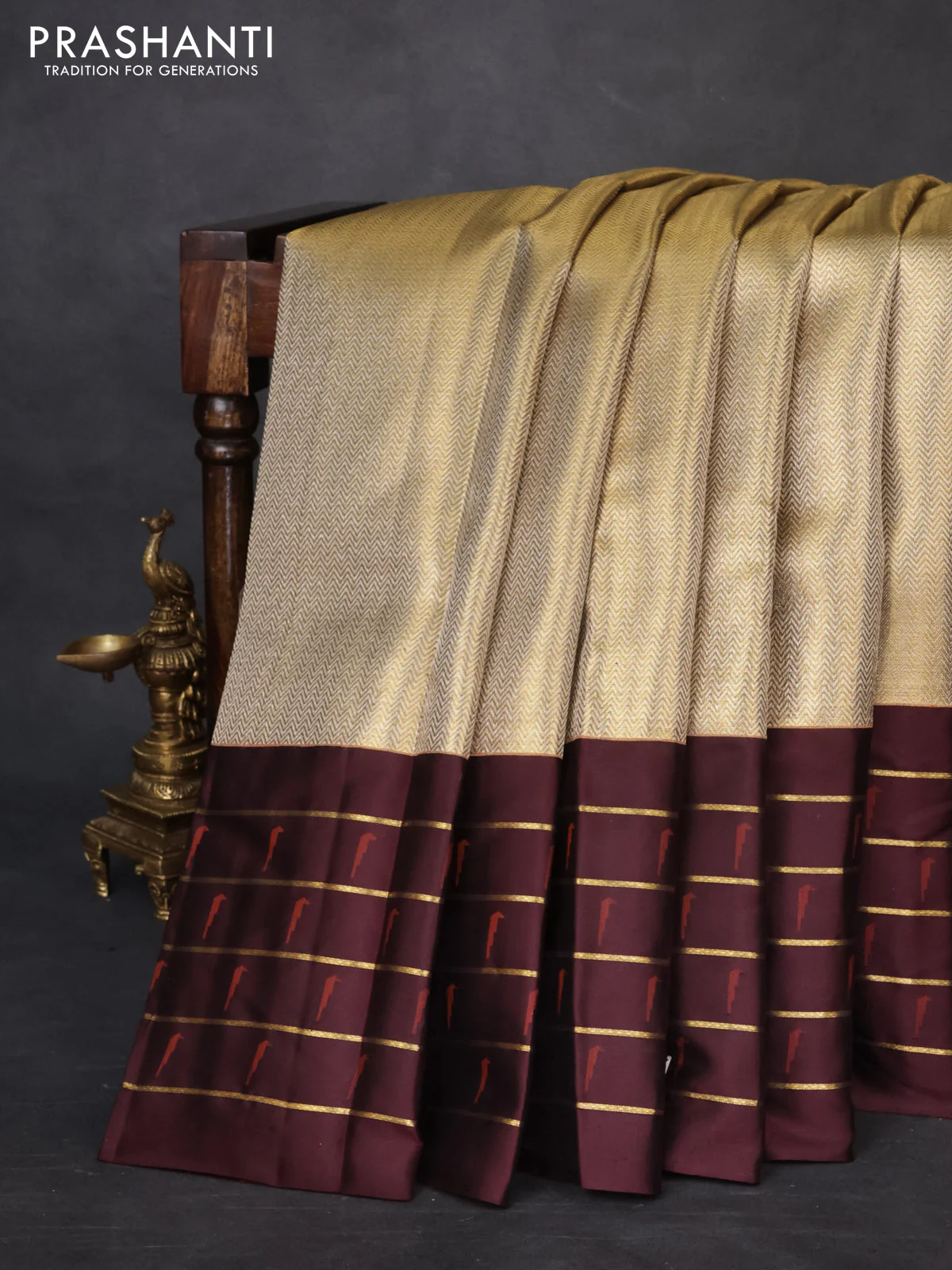 Pure kanchipuram tissue silk saree gold and deep maroon with allover zari woven brocade weaves and muniya butta zari woven border - Image 7