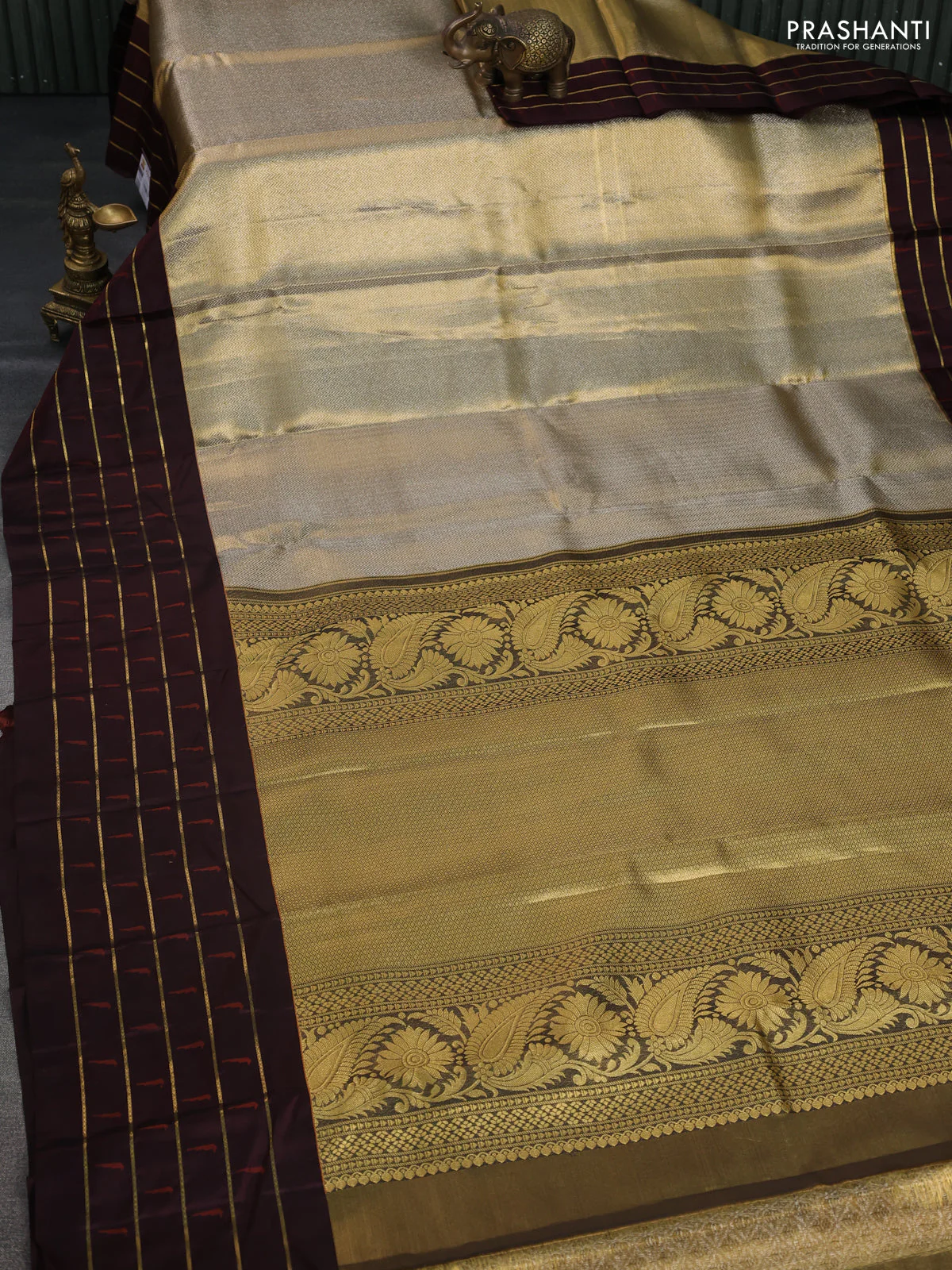 Pure kanchipuram tissue silk saree gold and deep maroon with allover zari woven brocade weaves and muniya butta zari woven border - Image 8