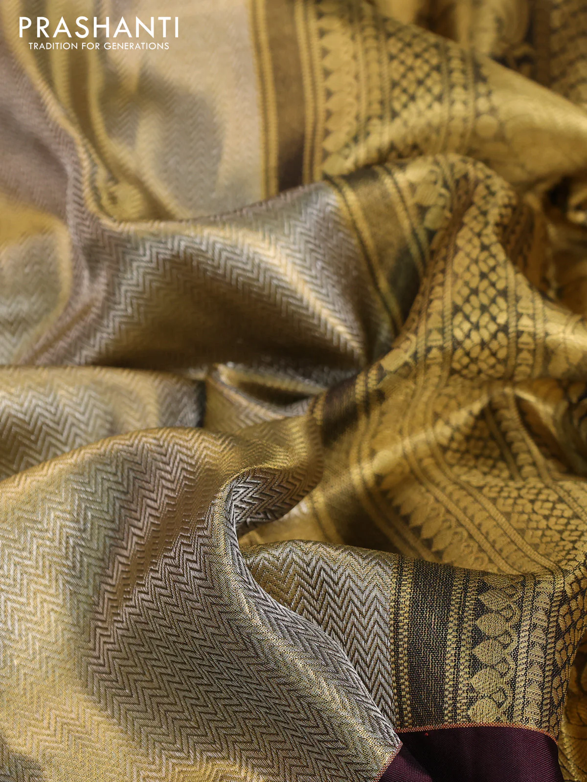 Pure kanchipuram tissue silk saree gold and deep maroon with allover zari woven brocade weaves and muniya butta zari woven border - Image 9