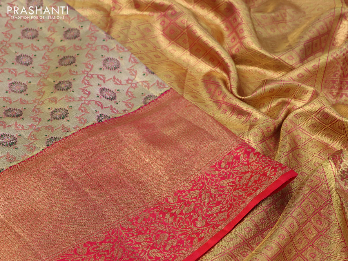 Pure kanchipuram tissue silk saree gold and dual shade of pink with allover zari woven brocade weaves and long rich zari woven border - Image 3