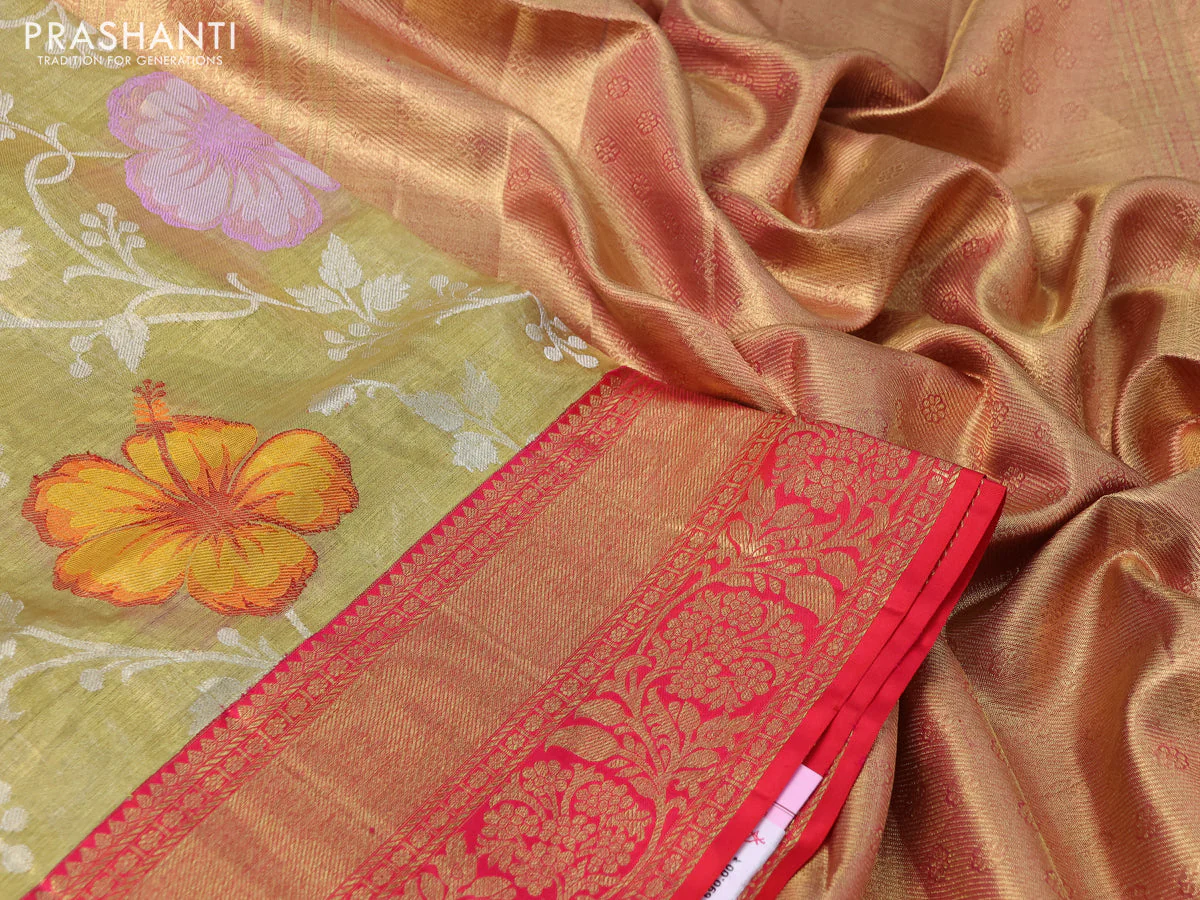 Pure kanchipuram tissue silk saree gold and dual shade of pink with allover zari woven floral brocade weaves and rich zari woven border - Image 3