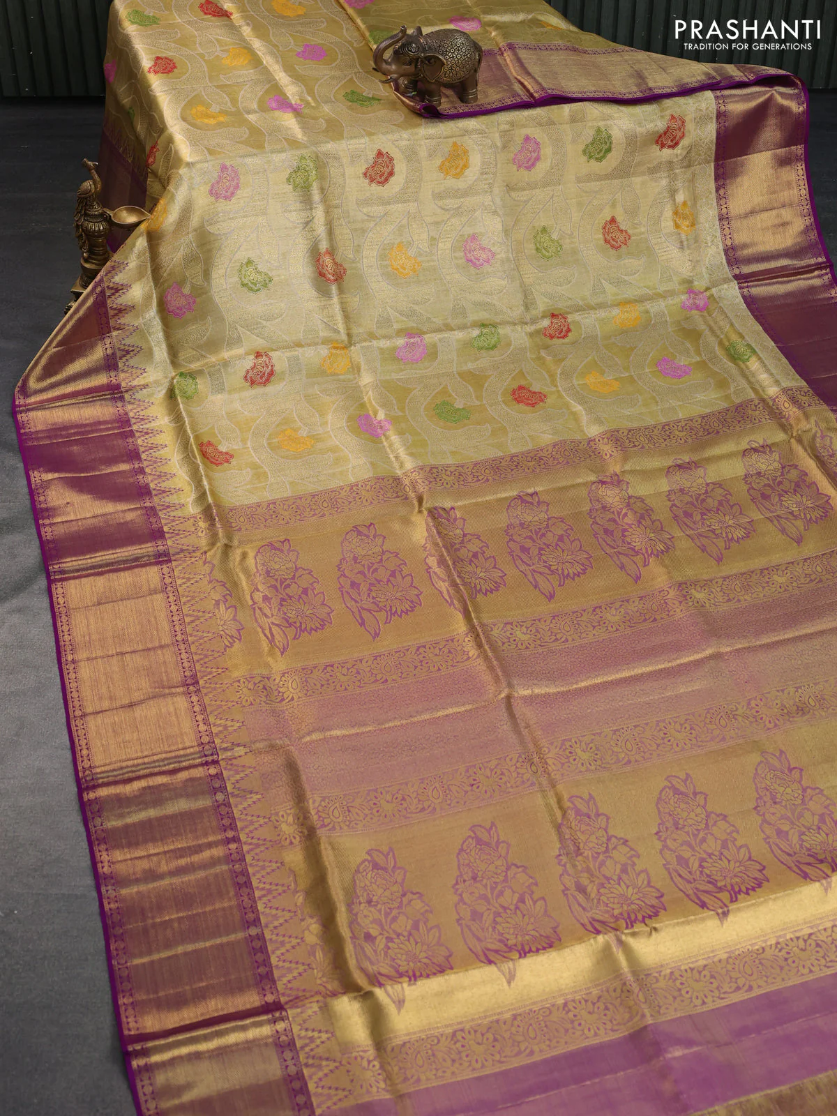 Pure kanchipuram tissue silk saree gold and dual shade of purple with allover zari woven floral brocade weaves and temple design rich zari woven border - Image 2