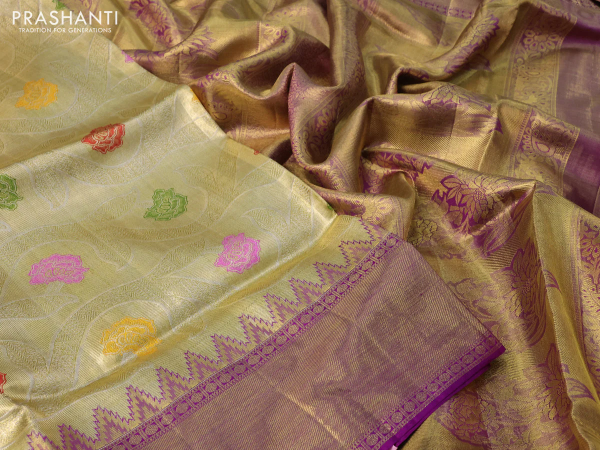 Pure kanchipuram tissue silk saree gold and dual shade of purple with allover zari woven floral brocade weaves and temple design rich zari woven border - Image 3