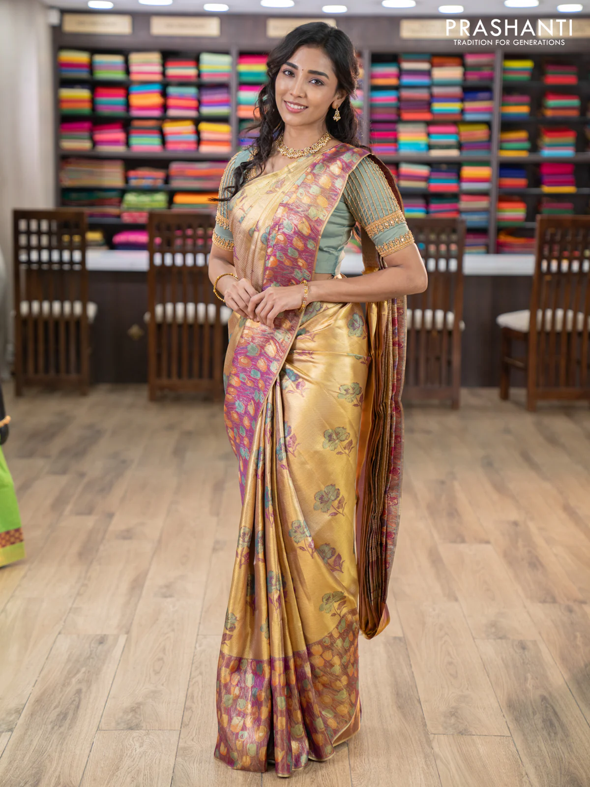 Pure kanchipuram tissue silk saree gold and dual shade of purple with floral design motif and long rich floral design border - Image 2
