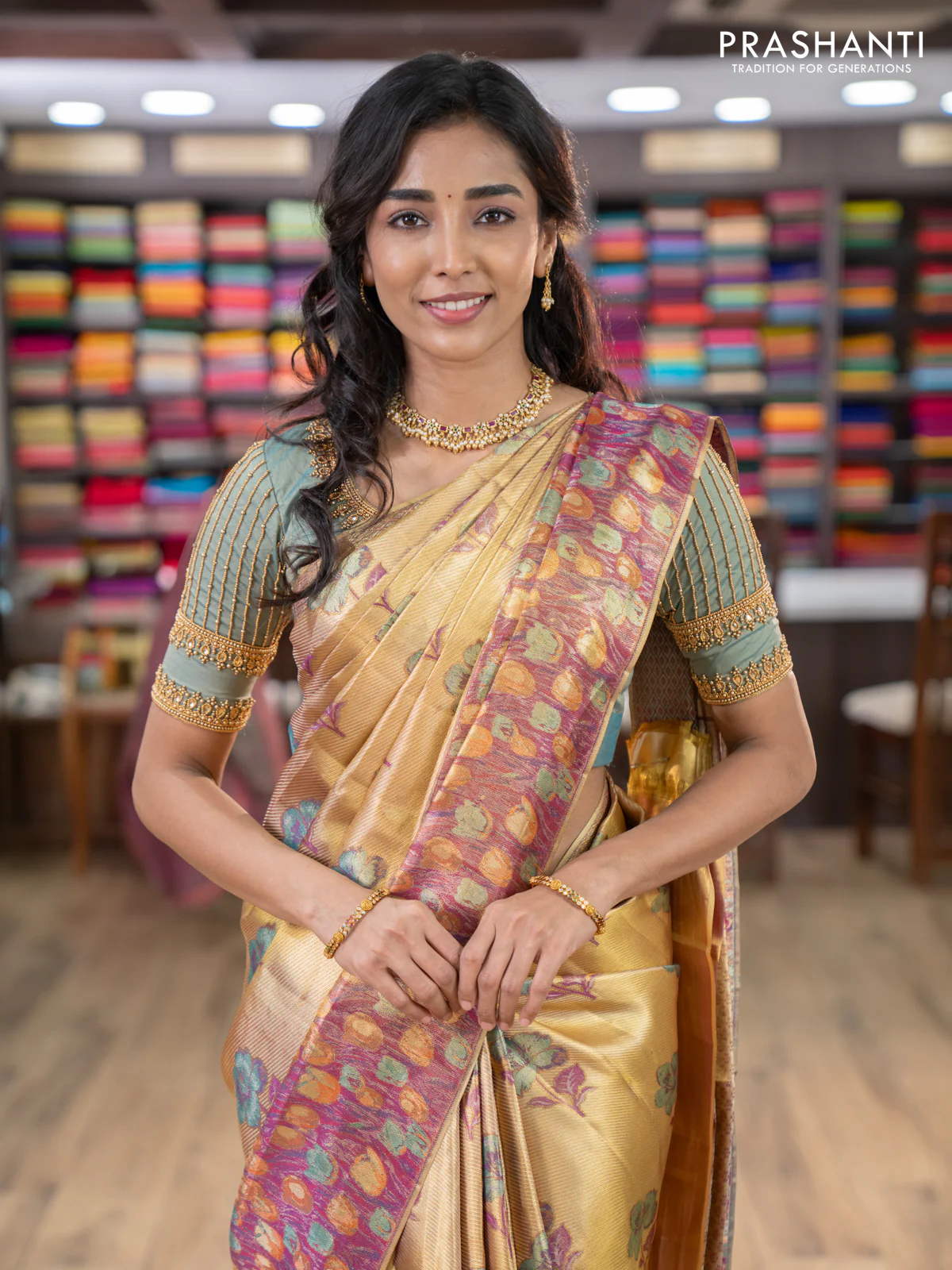 Pure kanchipuram tissue silk saree gold and dual shade of purple with floral design motif and long rich floral design border - Image 4