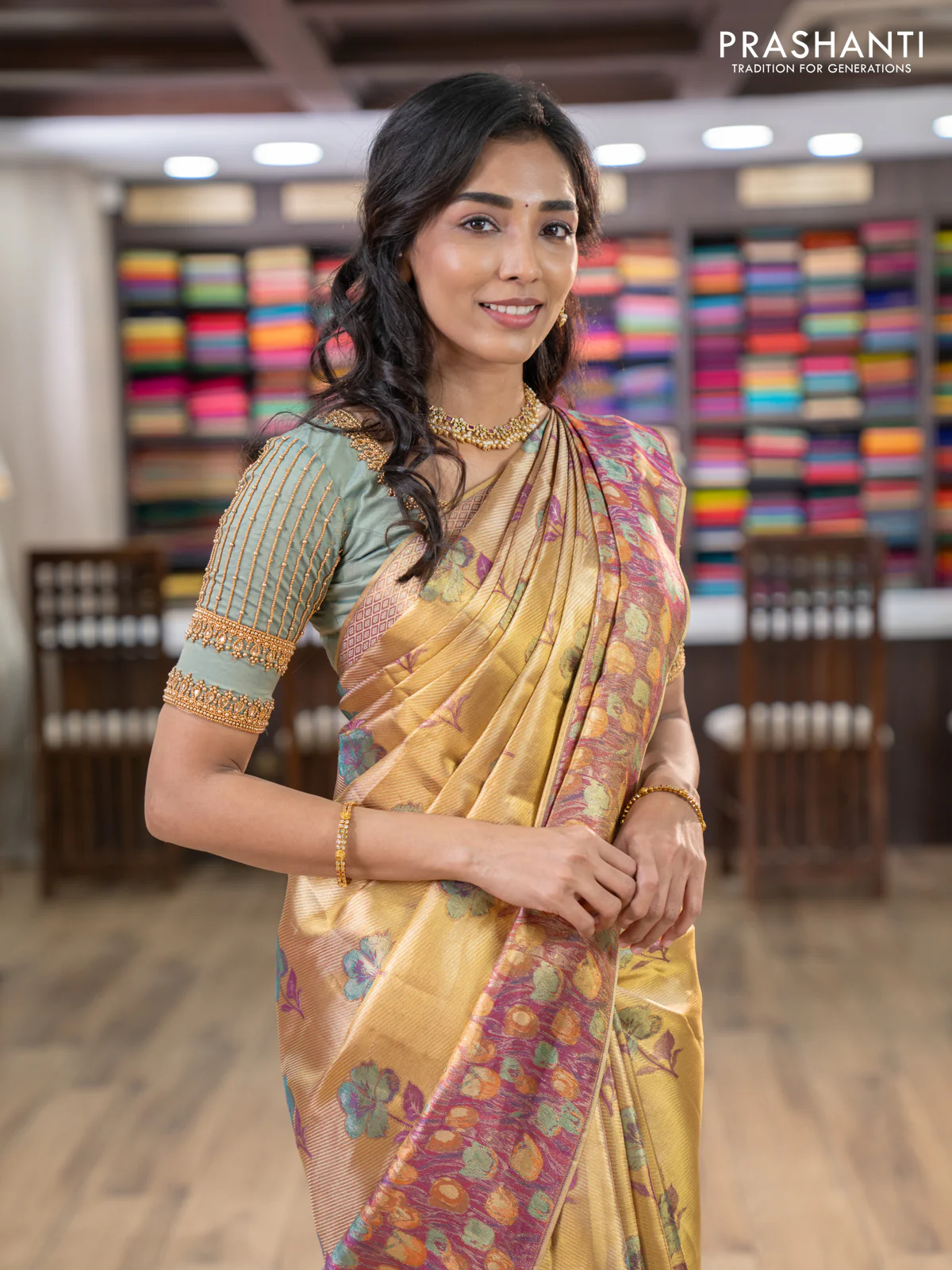 Pure kanchipuram tissue silk saree gold and dual shade of purple with floral design motif and long rich floral design border - Image 5