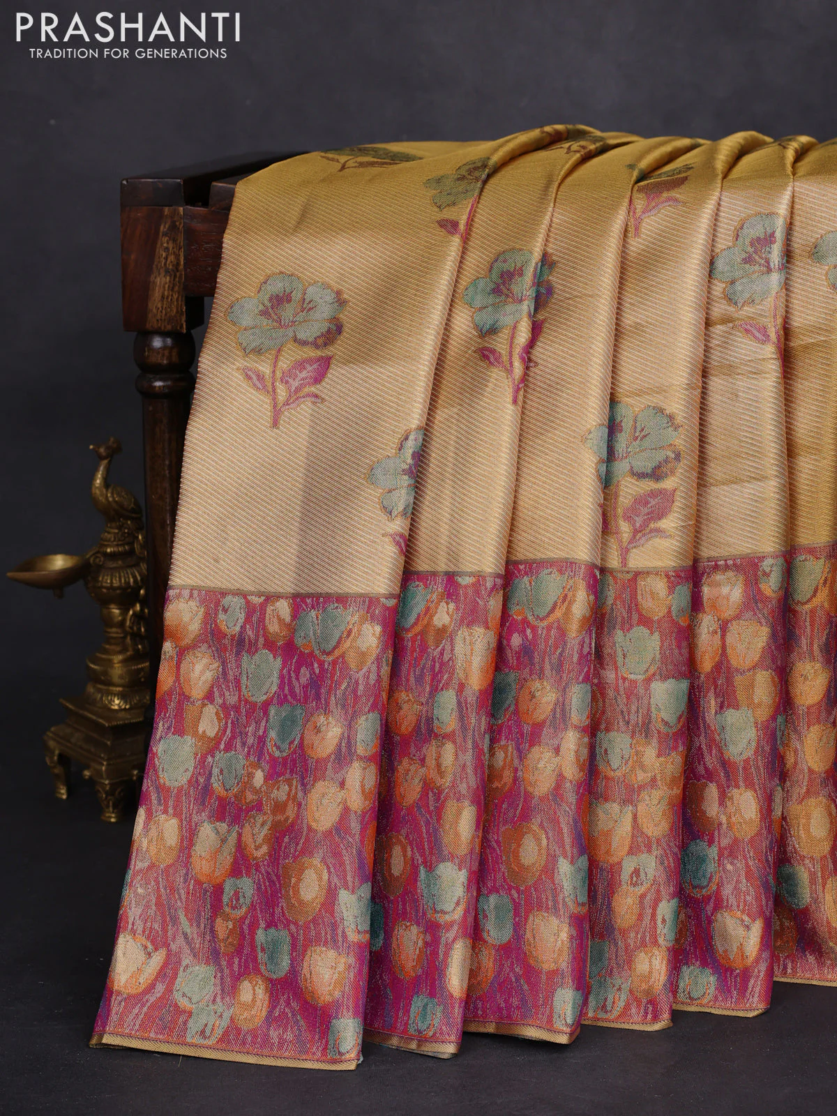 Pure kanchipuram tissue silk saree gold and dual shade of purple with floral design motif and long rich floral design border - Image 6