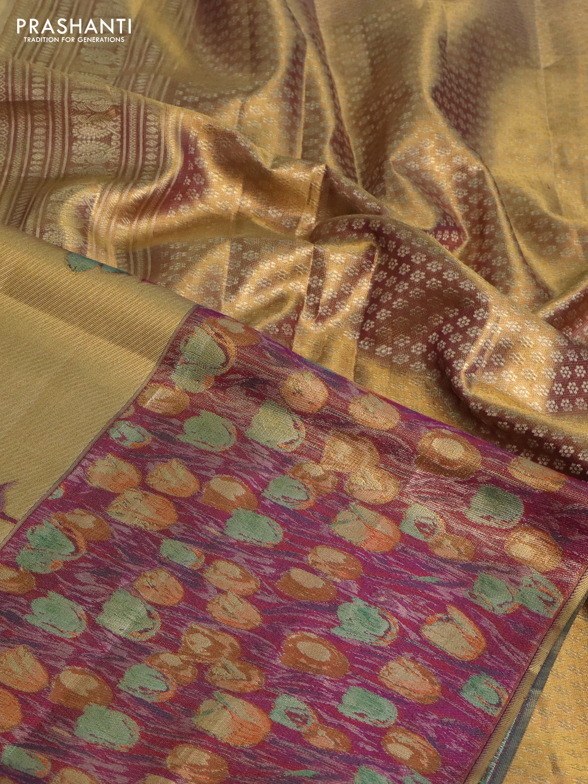 Pure kanchipuram tissue silk saree gold and dual shade of purple with floral design motif and long rich floral design border - Image 8