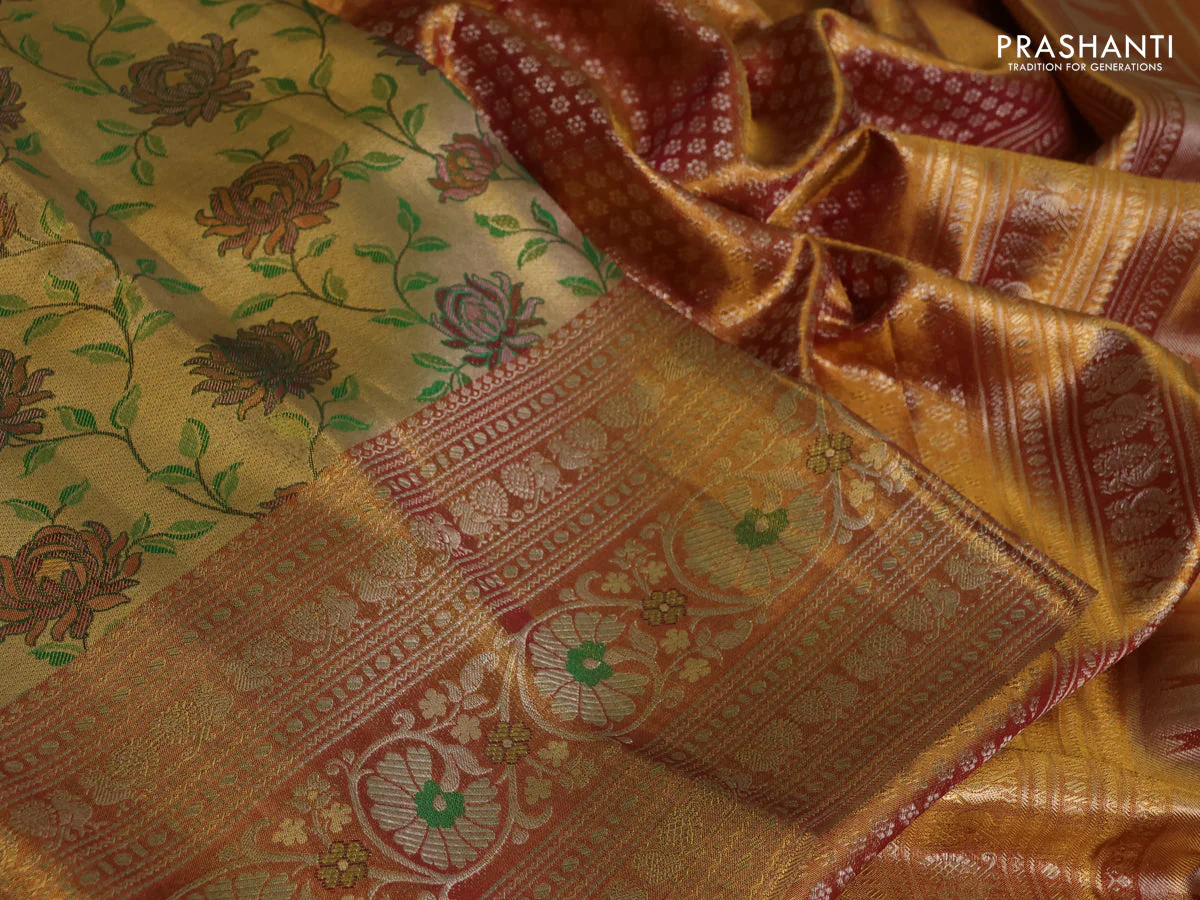 Pure kanchipuram tissue silk saree gold and golen red with allover zari woven floral brocade weaves and long rich zari woven border - Image 3