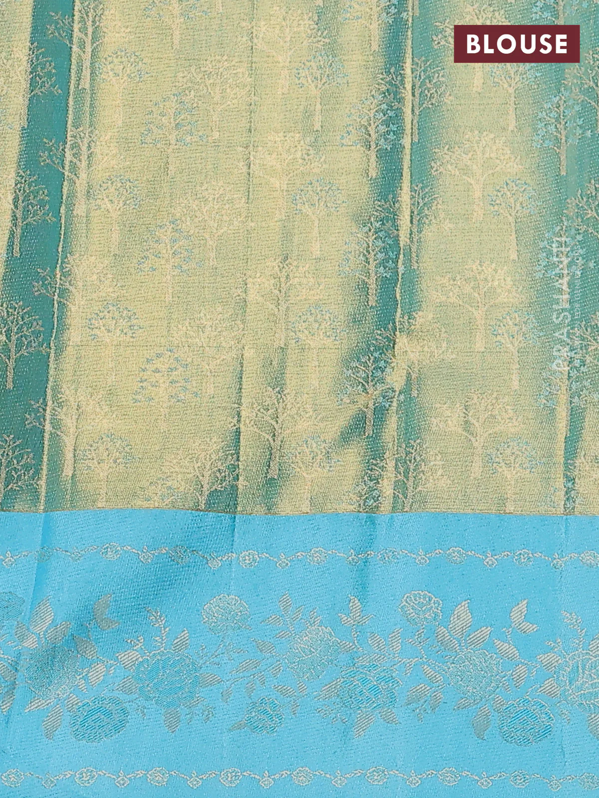 Pure kanchipuram Tissue silk saree gold and light blue with allover zari weaves and floral design zari border - Image 4