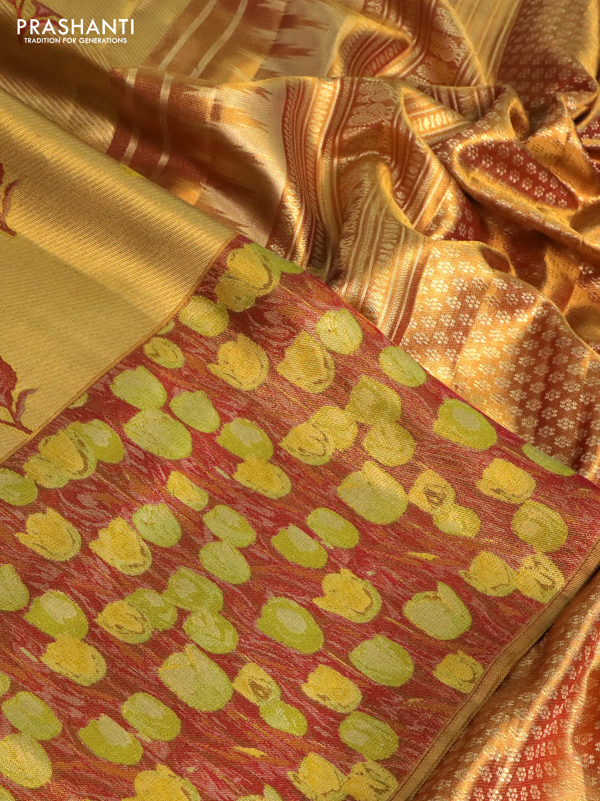 Pure kanchipuram tissue silk saree gold and maroon with floral design motif and long rich floral design border - Image 3