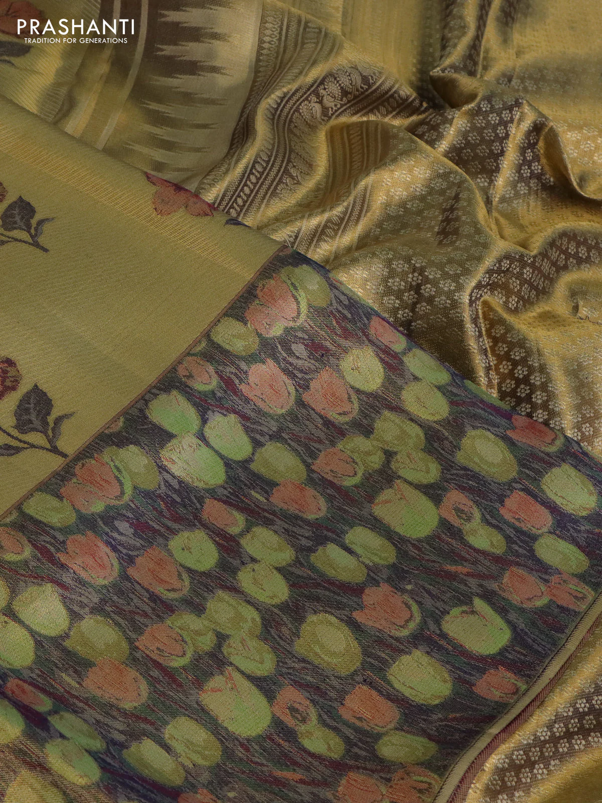 Pure kanchipuram tissue silk saree gold and navy blue with floral design motif and long rich floral design border - Image 3