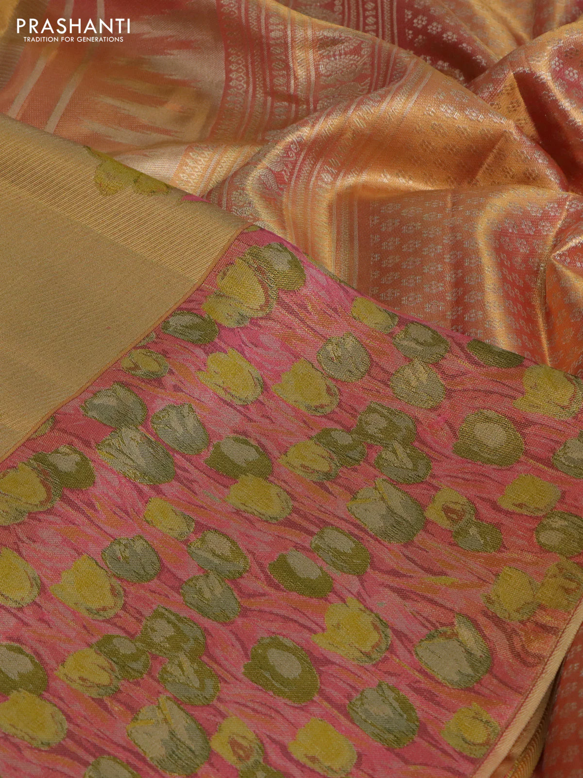 Pure kanchipuram tissue silk saree gold and peach pink with floral design motif and long rich floral design border - Image 3