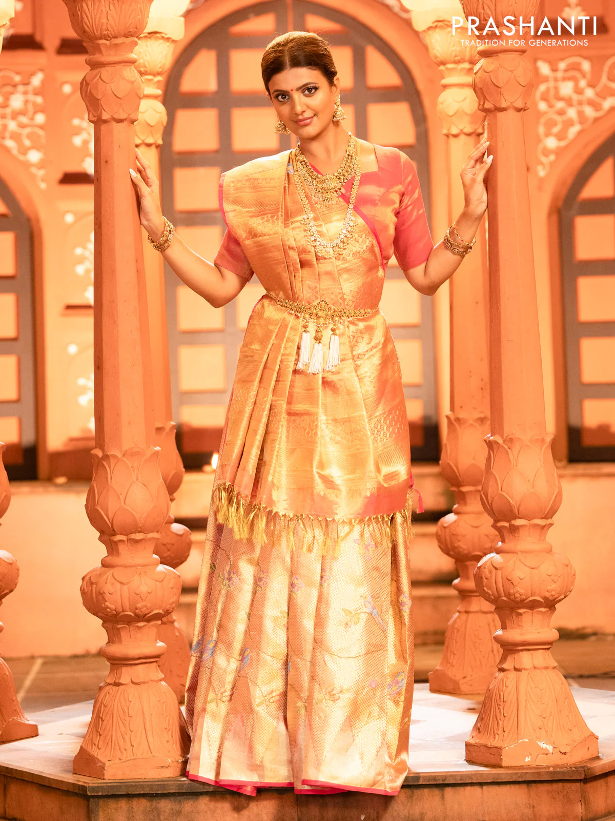 Pure kanchipuram tissue silk saree gold and pink with allover convent embroidery and temple design zari woven border - Image 2