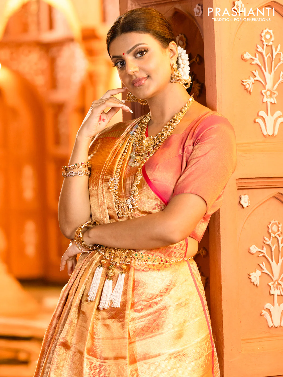Pure kanchipuram tissue silk saree gold and pink with allover convent embroidery and temple design zari woven border - Image 4