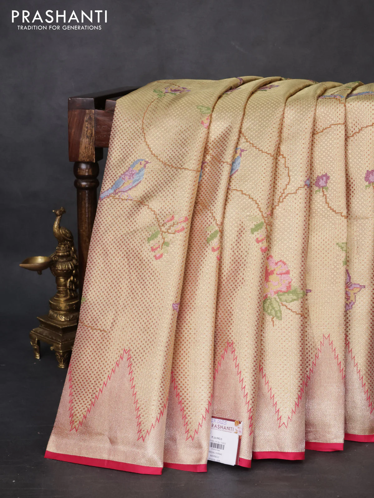 Pure kanchipuram tissue silk saree gold and pink with allover convent embroidery and temple design zari woven border - Image 5