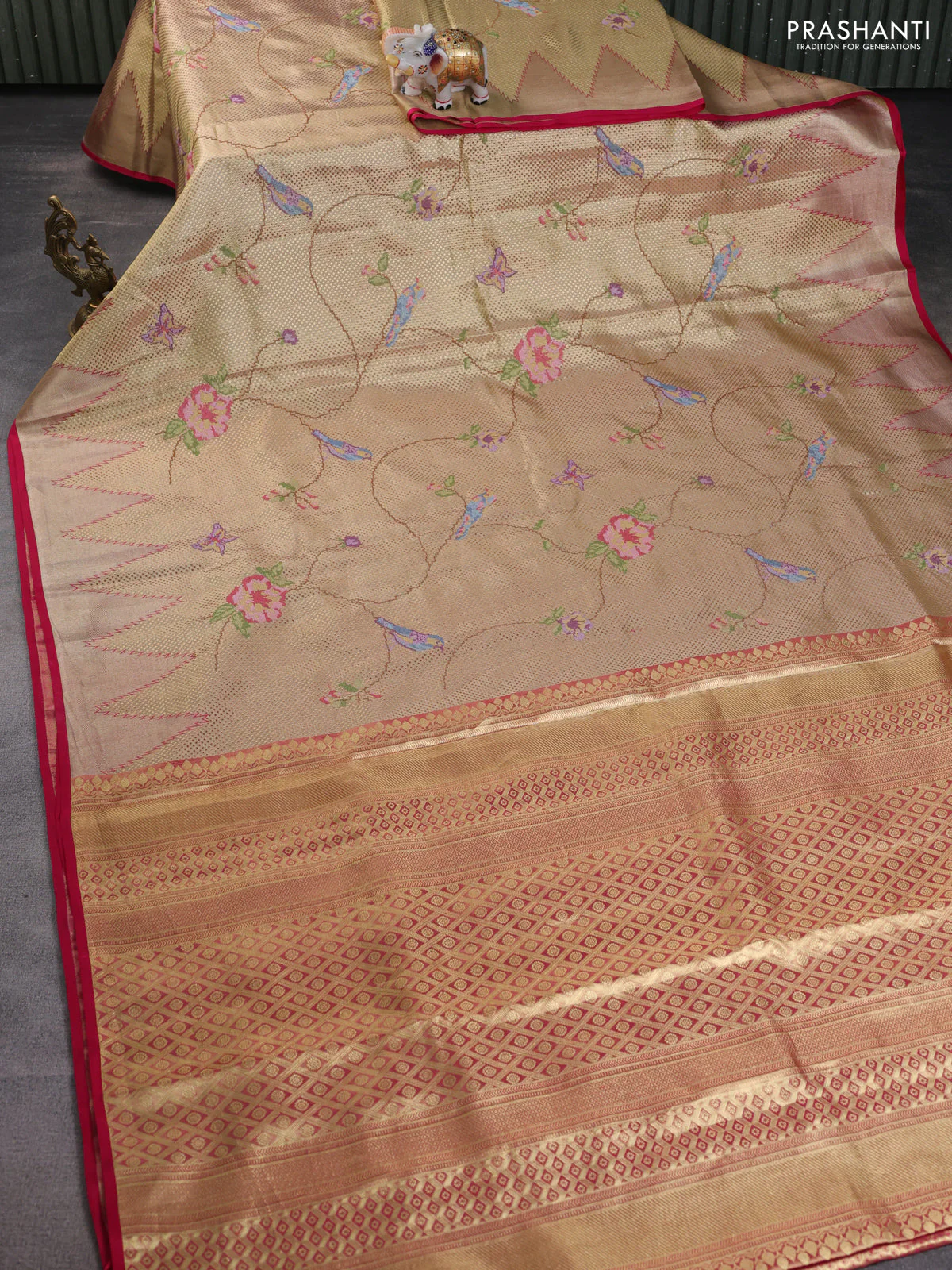 Pure kanchipuram tissue silk saree gold and pink with allover convent embroidery and temple design zari woven border - Image 6