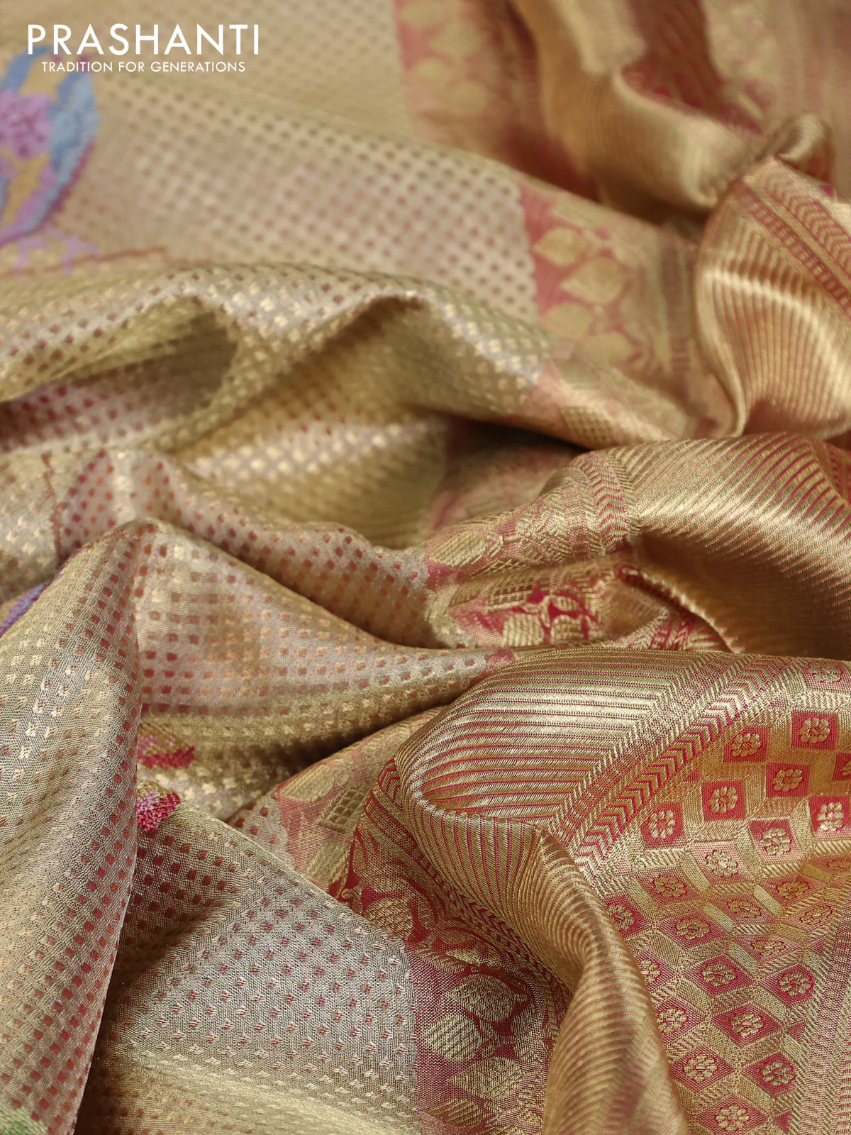 Pure kanchipuram tissue silk saree gold and pink with allover convent embroidery and temple design zari woven border - Image 7