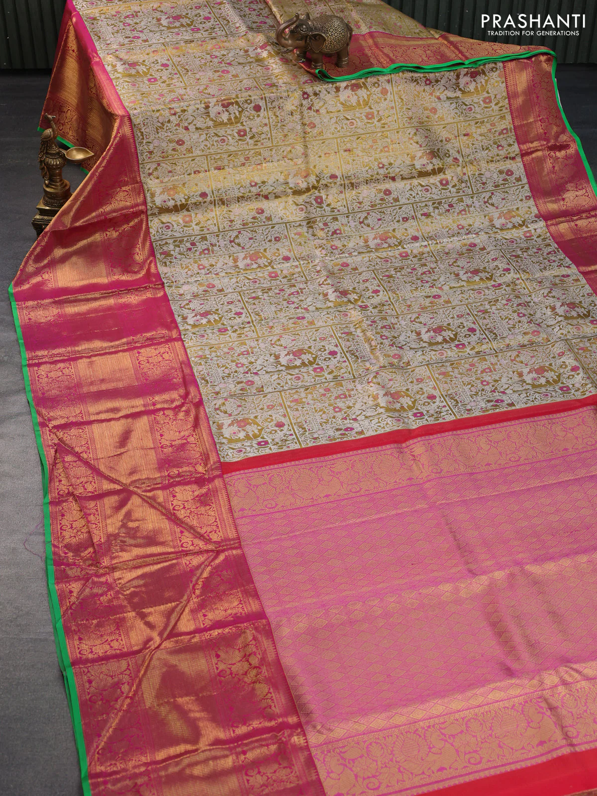 Pure kanchipuram tissue silk saree gold and pink with allover silver zari woven brocade weaves and long annam zari woven border - Image 2
