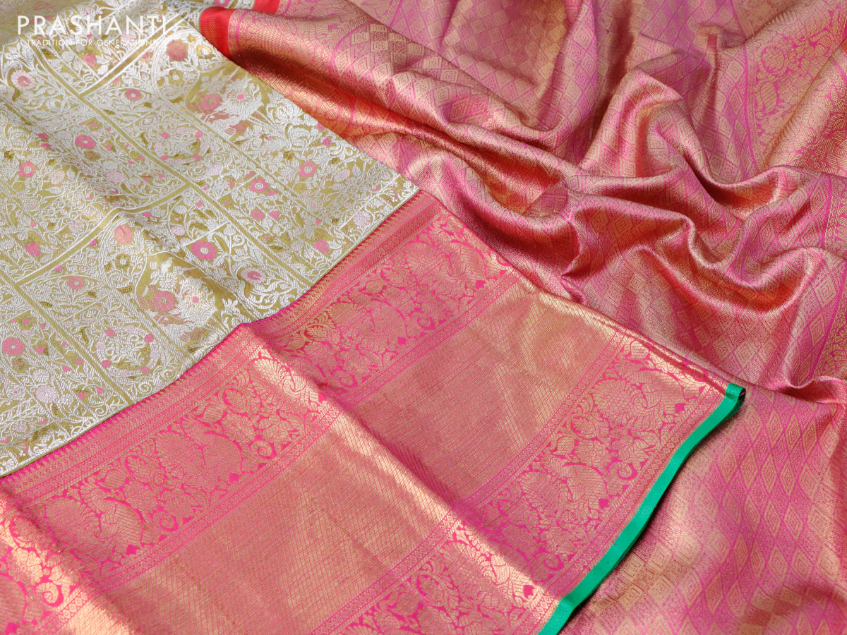 Pure kanchipuram tissue silk saree gold and pink with allover silver zari woven brocade weaves and long annam zari woven border - Image 3